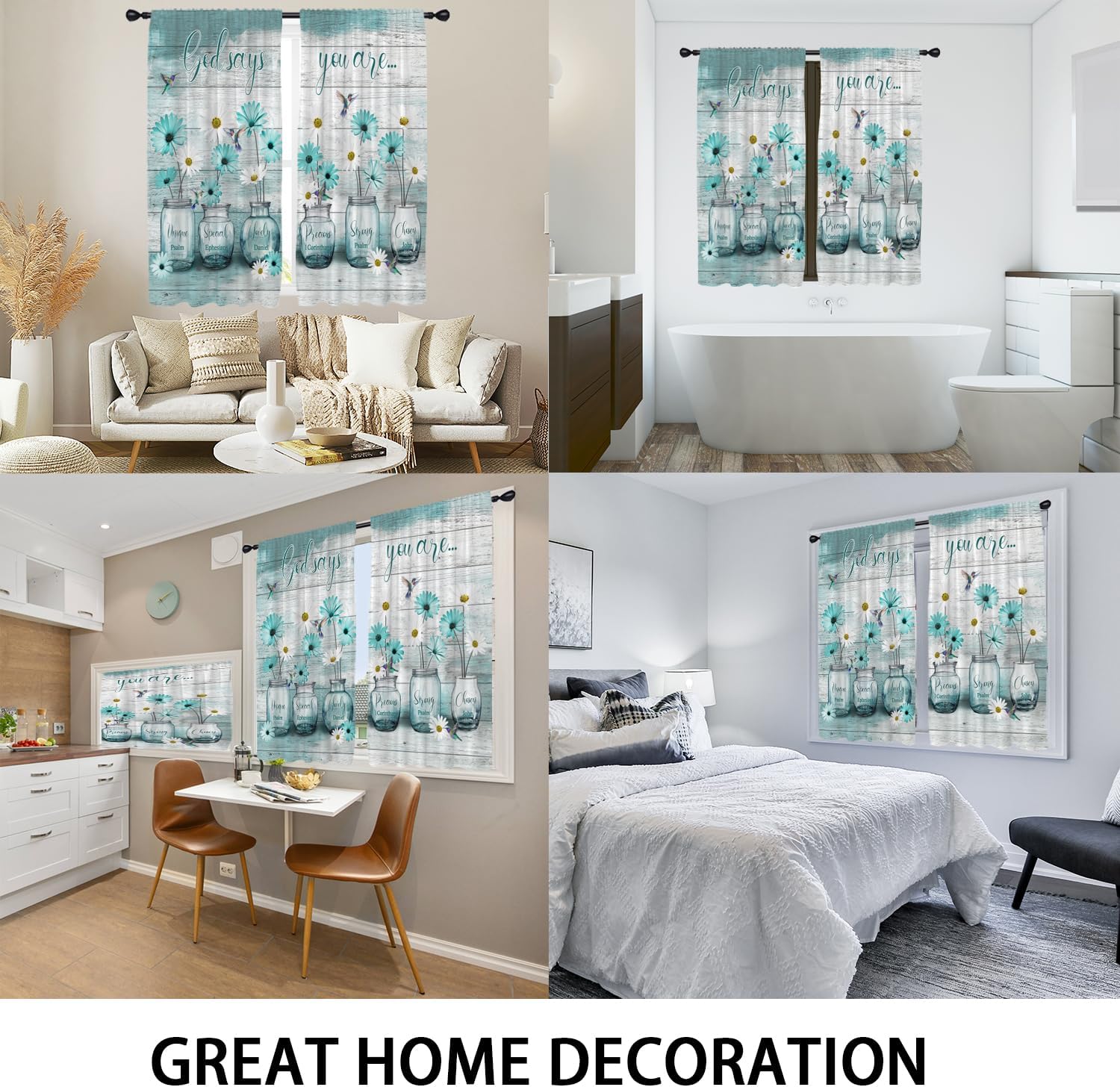 Coxila Teal Floral Kitchen Window Curtains 27.5 x 39 Inch Small Short Mini Cafe Rod Pocket Turquoise Aqua Flower White Daisy Fun Living Bedroom Room Home Treatment Set of 2 Curtain Panels Drapes Tiers