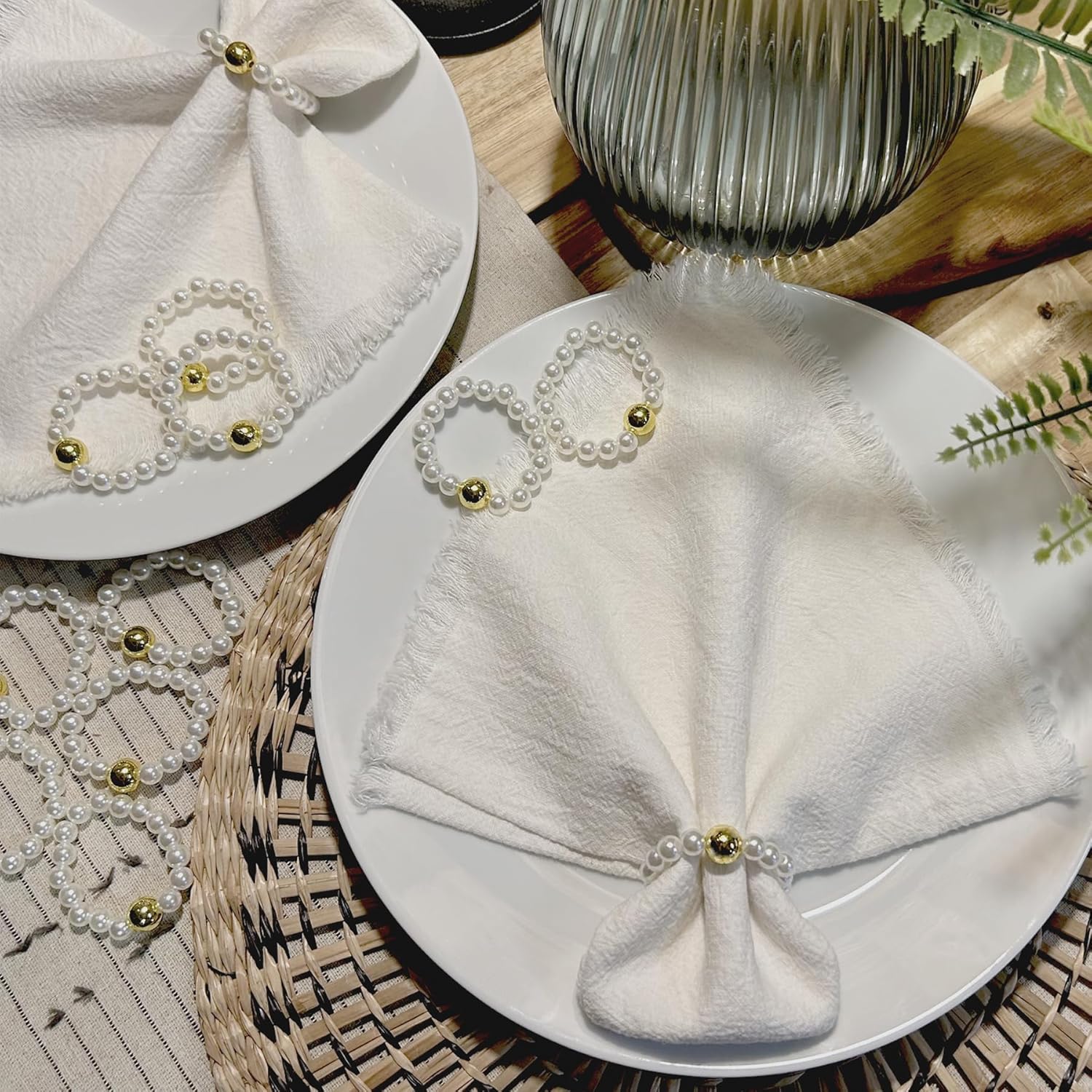 100Pcs Pearl Disposable Napkin Rings with Gold Bead Elegant Elastic Napkin Holder for Wedding Party Dinner Table Decor