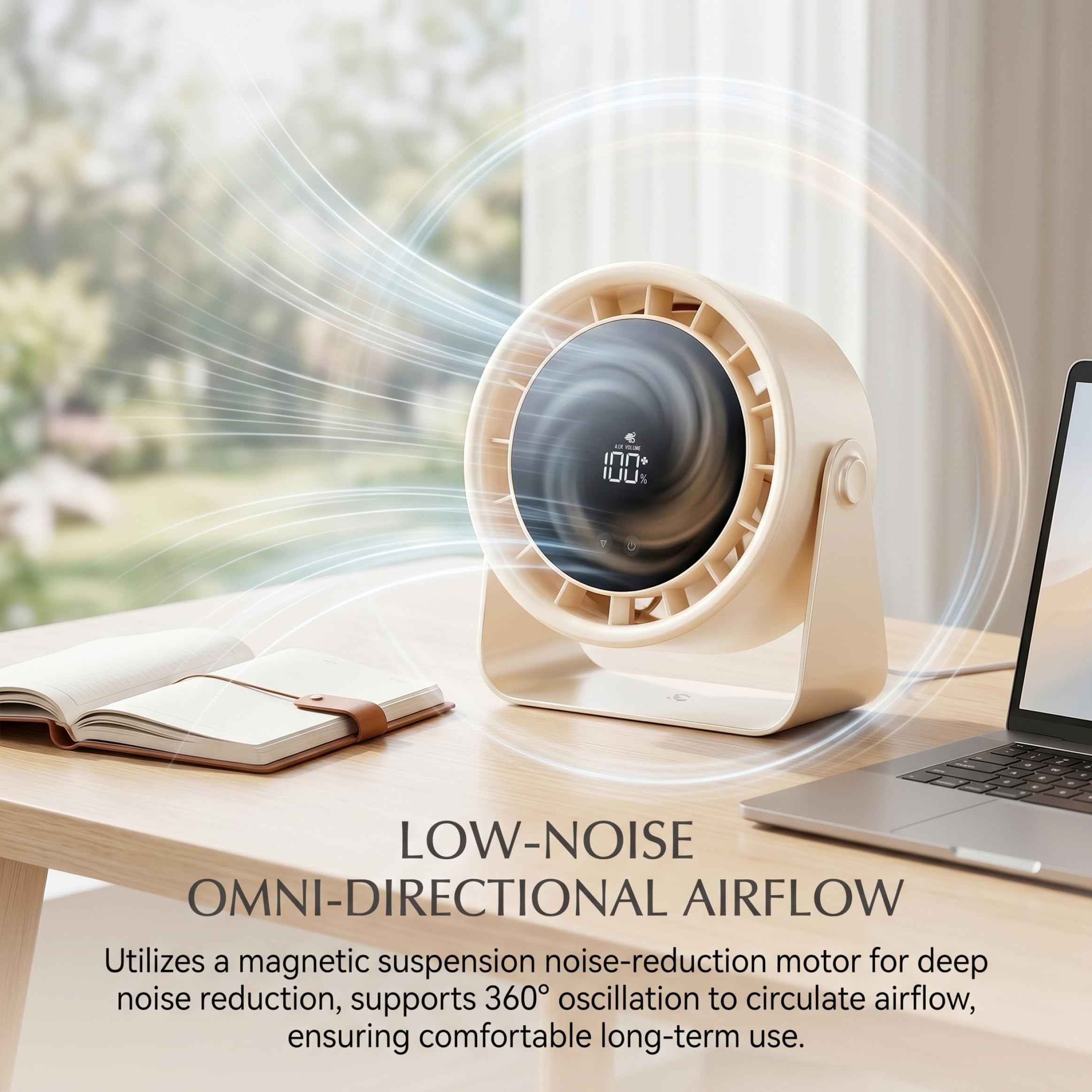 Ventilatore da scrivania silenzioso, ventola di raffreddamento silenziosa a 5 pale Ventole oscillanti ricaricabili tramite USB per dormitorio di home office, comodino beige per ufficio silenzios