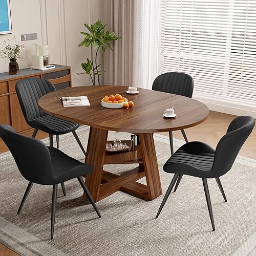Miniatura 13 de Conjunto de mesa de comedor extensible redonda a ovalada Aivermel para 4–6, mesa de cocina de madera con almacenamiento oculto y sillas tapizadas,