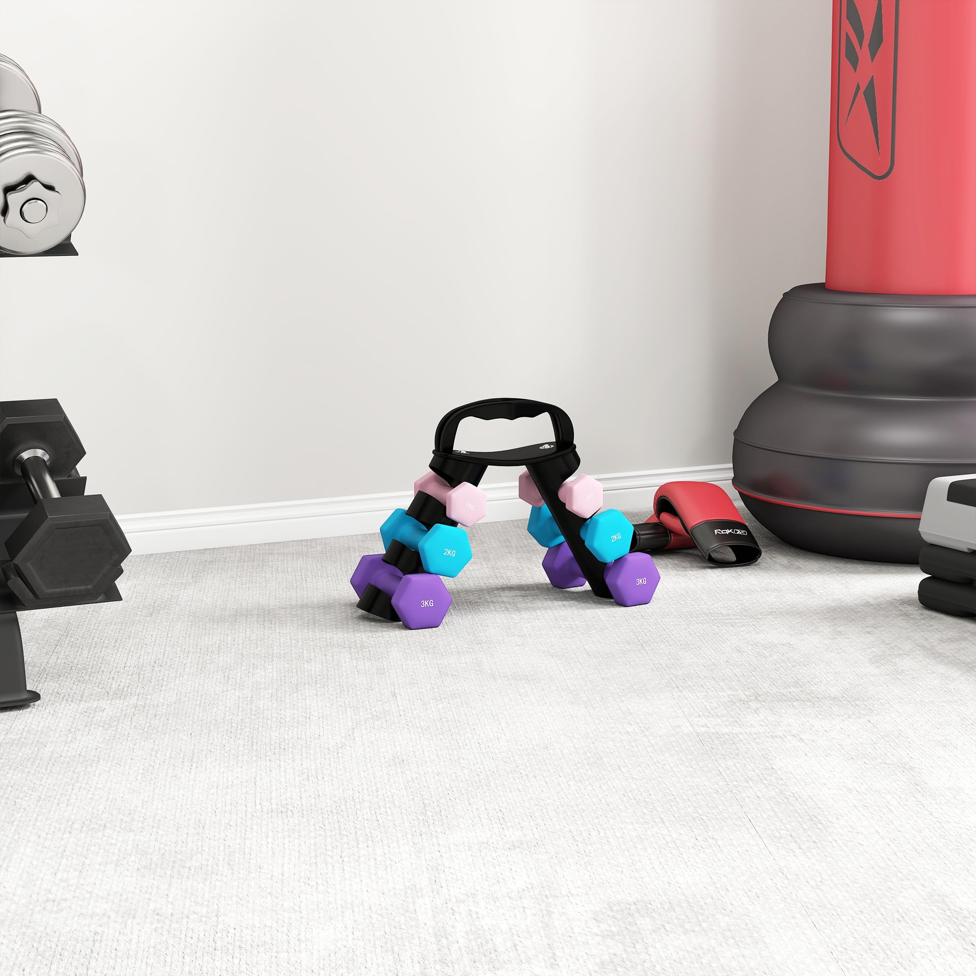 SPORTNOW Set di Manubri da Palestra 2x1kg,2x2kg,2x3kg Rosa/Azzurro/Viola | Supporto Pieghevole, Manubri per Palestra Esagonali in Metallo con Impugnatura, Allenamento Fitness Casa