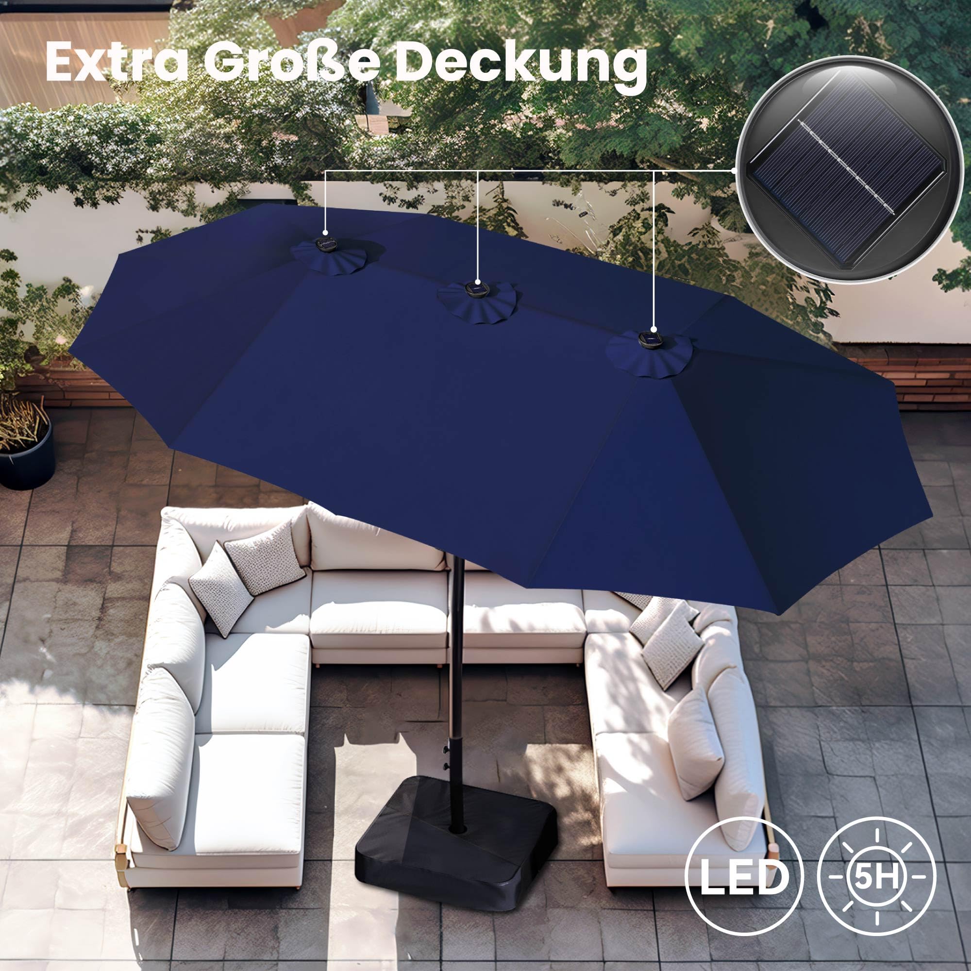 PHI VILLA Sombrilla rectangular con soporte, 450 x 270 cm, para balcón, jardín, jardín, con manivela LED, protección UV, resistente al viento