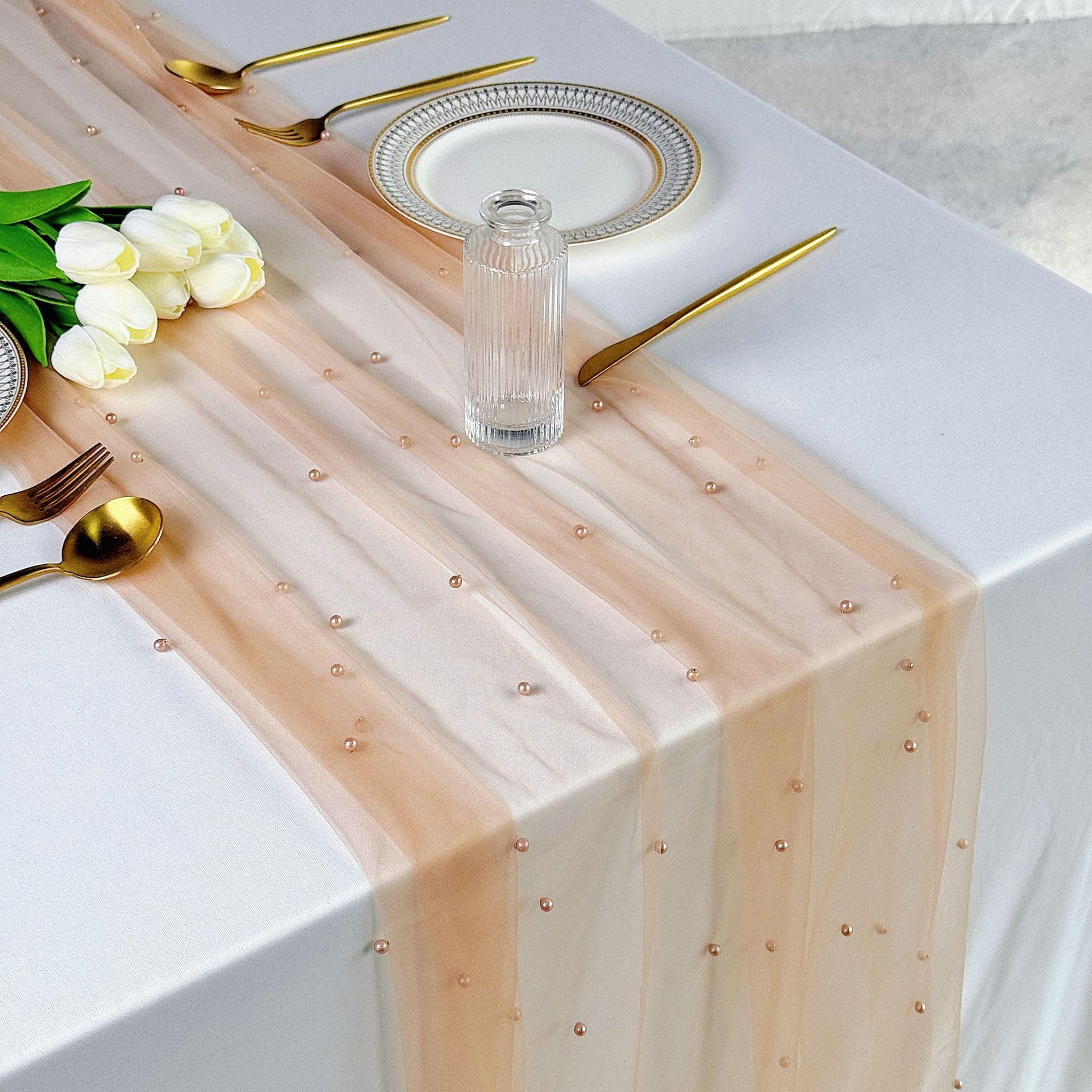 Plancholo Pearl Table Runner 118 Inches Long Coffee Boho Rustic Tulle Table Runner with Coffee Pearls for Wedding Birthday Party Table Decor, 59x118 Inches