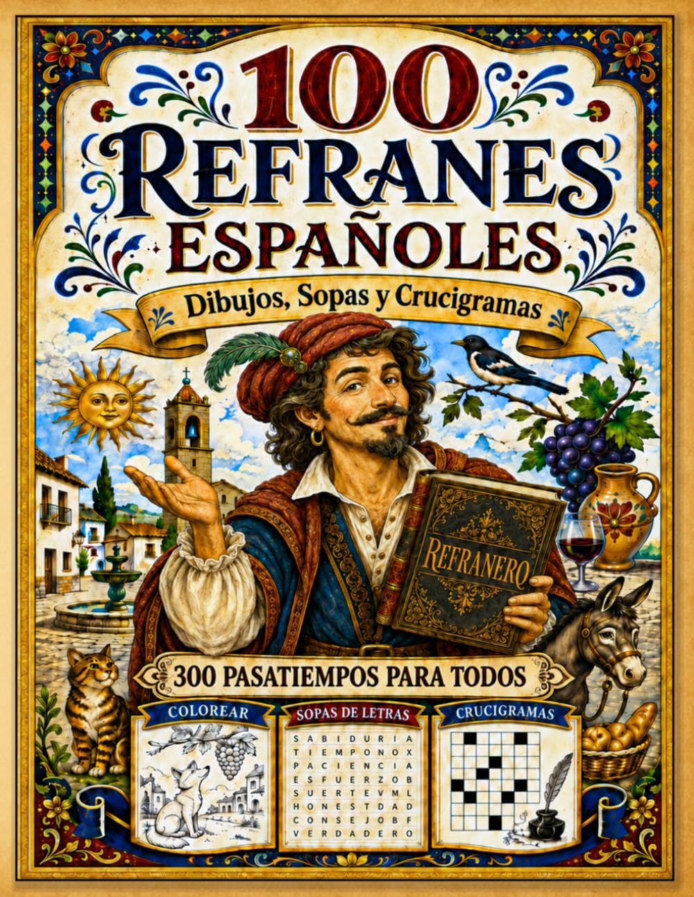 100 Refranes Españoles: Dibujos, Sopas y Crucigramas: 300 actividades y pasatiempos con soluciones (Pasatiempos de la Cultura Popular Española)