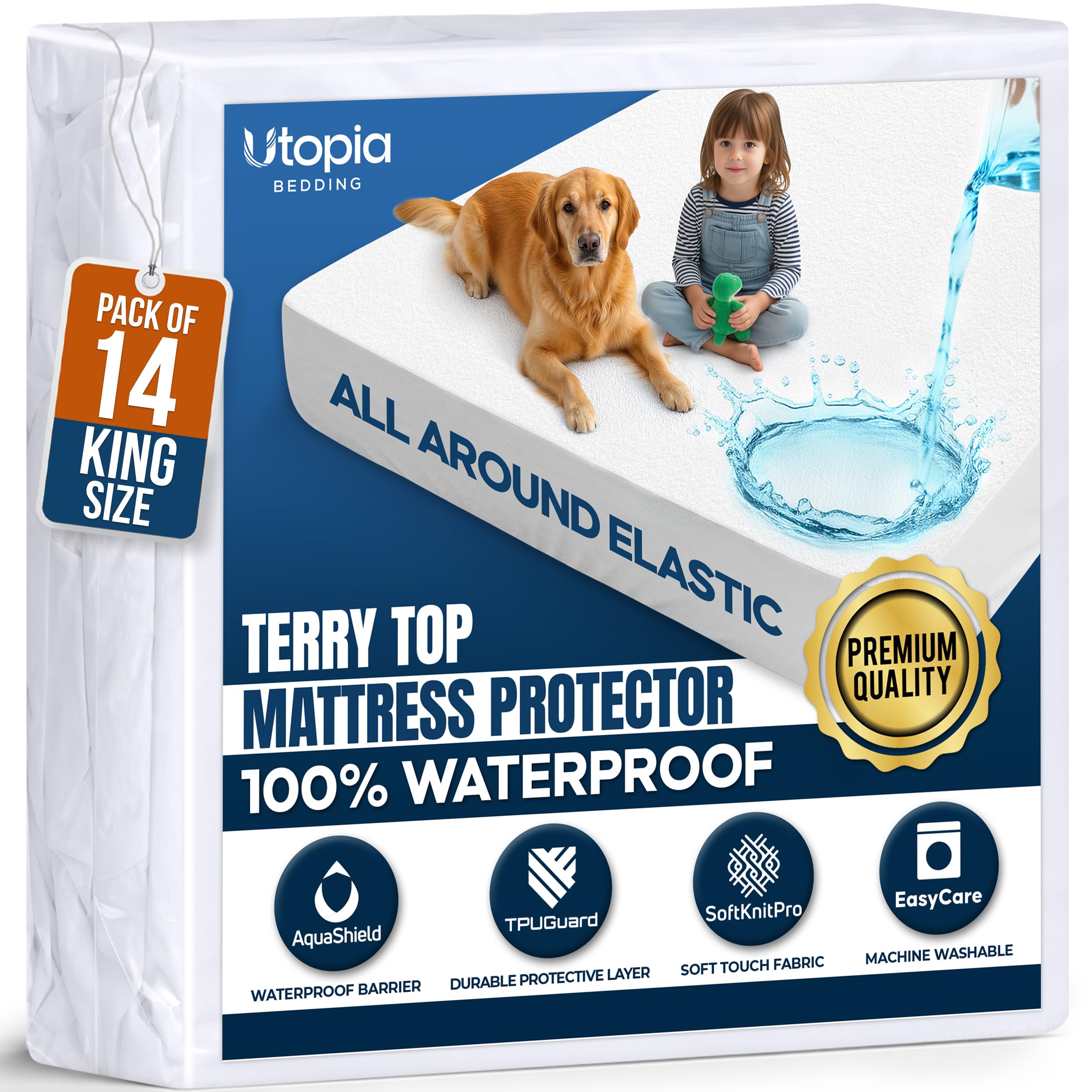 Waterproof King Mattress Protector 14 Pack fits Upto 17" deep Mattresses | Utopia Bedding 200 GSM Soft & Breathable Mattress Cover, Dirt-Proof, Noiseless, Machine Washable Fitted Sheet Style, White White King (Pack of 14)