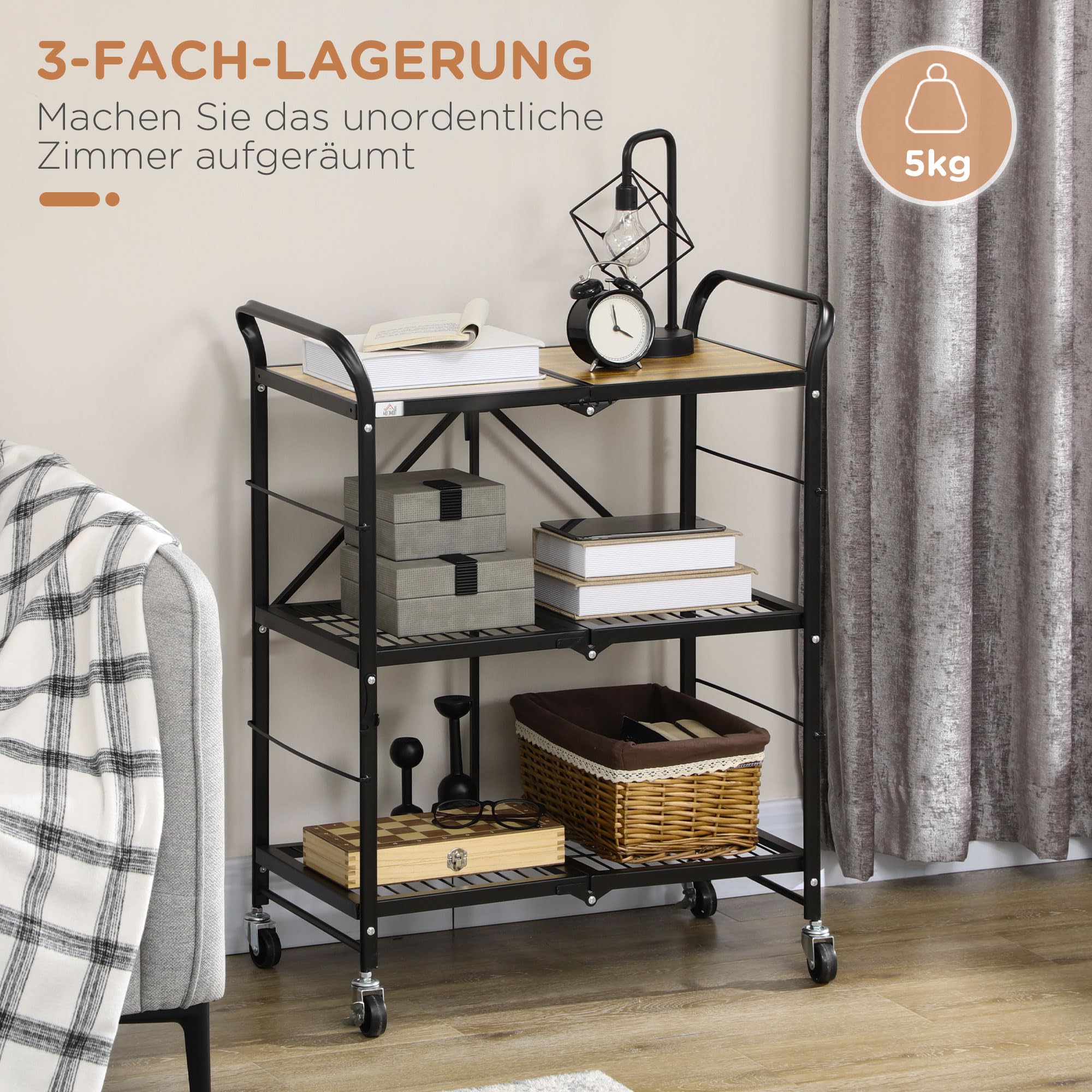 HOMCOM Servierwagen mit 3 Ebenen Küchenwagen Rollen Griff Braun+Schwarz
