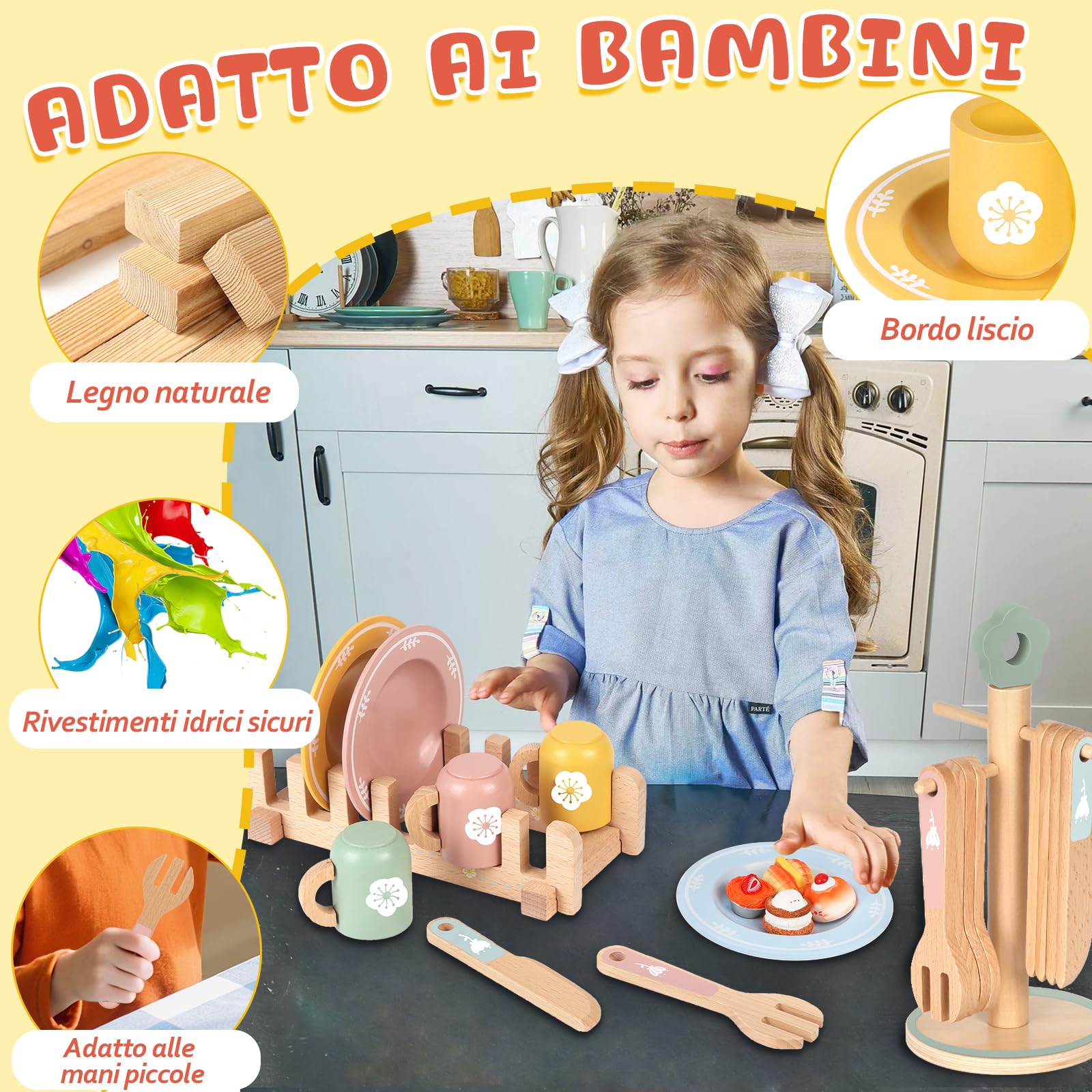 Charmofun Accesorios de Cocinita de Madera para Niños, Juguetes de Cocina de Madera, Accesorios Cocina Juguetes con Platos y Vajilla Regalo para Niñas y Niños de 3 a 8 Años