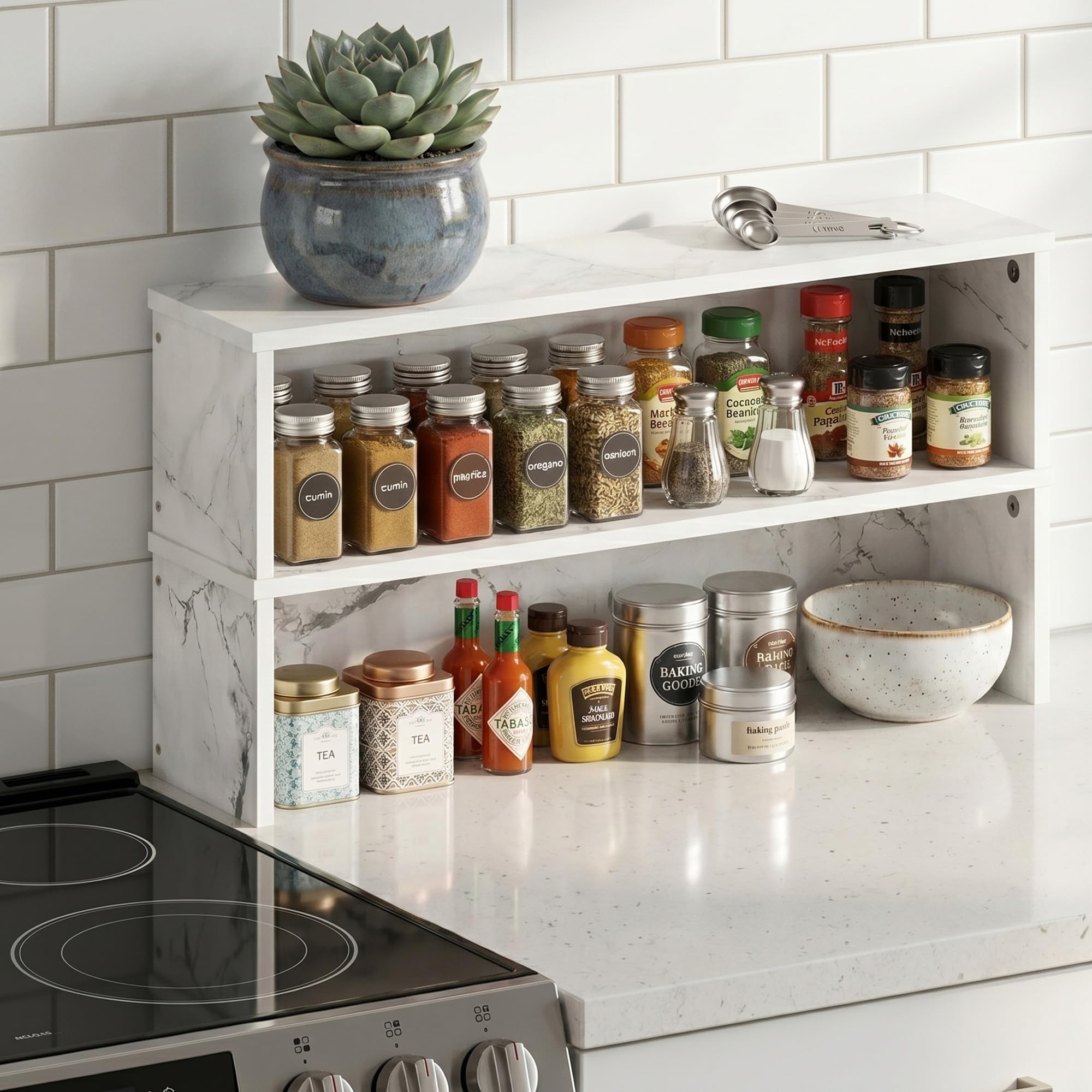 Furinno Helena mensola organizer impilabile da bancone da cucina da 60 cm, Marmo Bianco