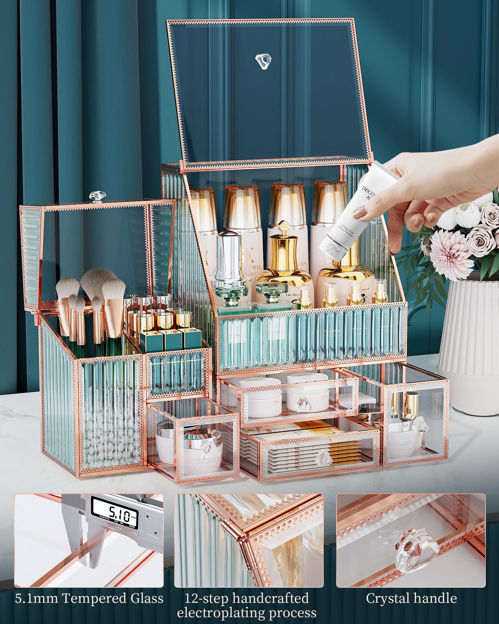 Youdepot Make up Organizer 3-teilig, Kosmetik Organizer aus gehärtetem Glas mit Schubladen, Schminktisch Organizer für Skincare, Pinsel, Lippenstift, Parfüm und Bad | Multifunktional, für Hautpflege, Lippenstiftpinsel, Kosmetik-Organizer, Badezimmer-Organ