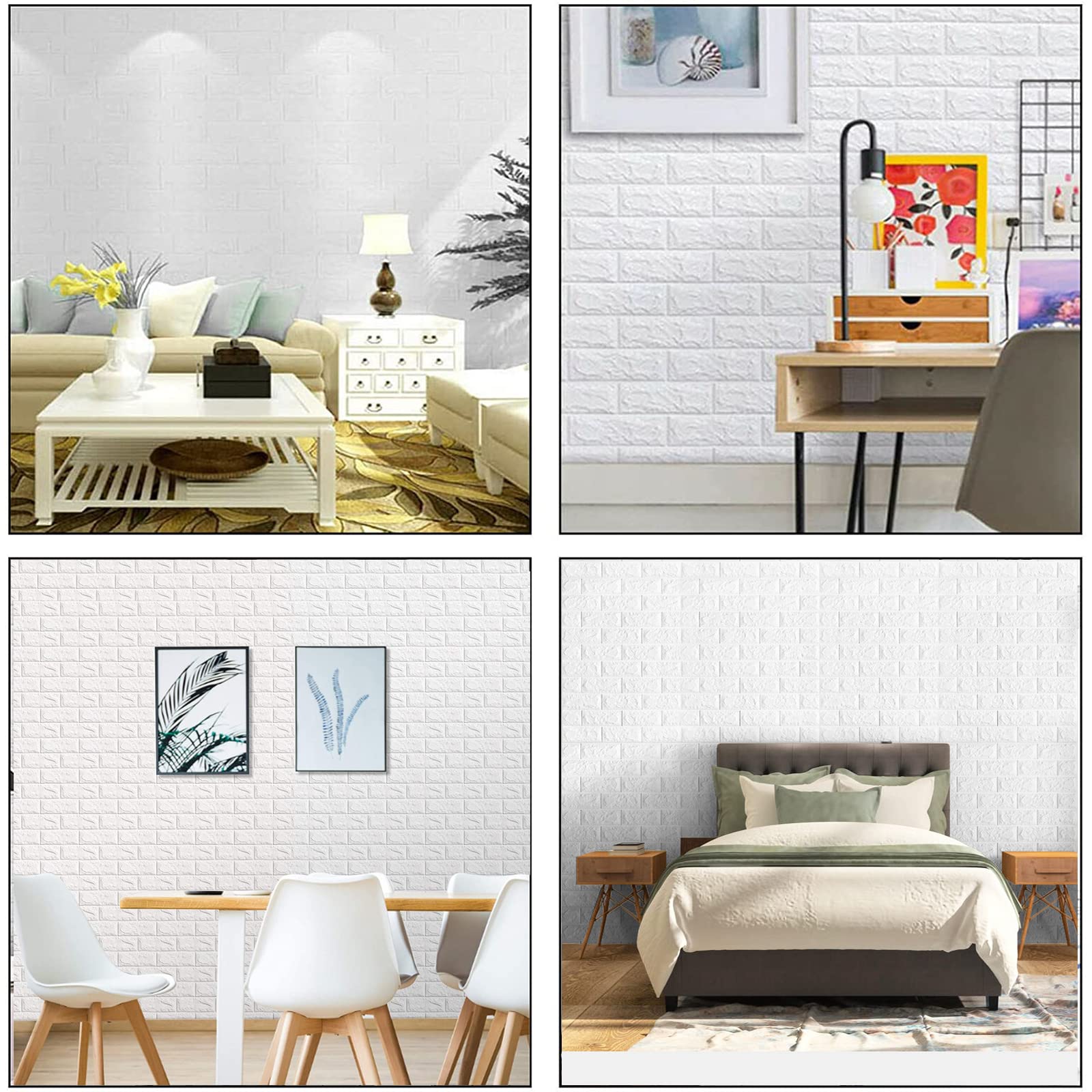 10 Pièces Papier Peint Brique 3D, Adhesif Imitation Brique Blanc Stickers Muraux, Étanche pour Décoration, Bricolage panneau mural decoratif pour Chambre Maison Cuisine (35x38.5 cm, Blanc)