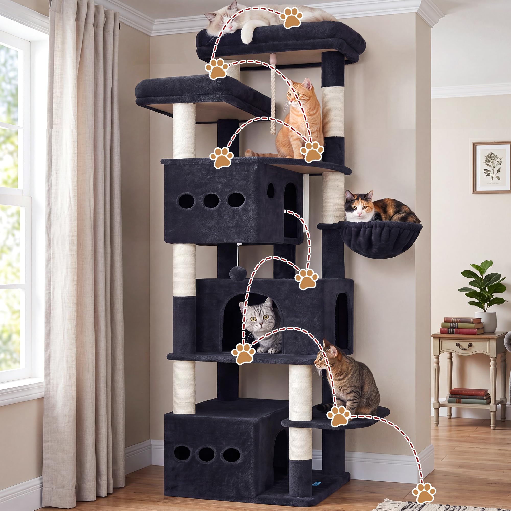 Gitelsnour Arbre à Chat XXL Hauteur 182 cm, Tour à Chat Stable pour Grands Chats avec 3 Niches Spacieuses, 2 Plateformes Supérieures, Panier Confortable, Poteaux Sisal et Jouets, Gris Foncé GCT800G