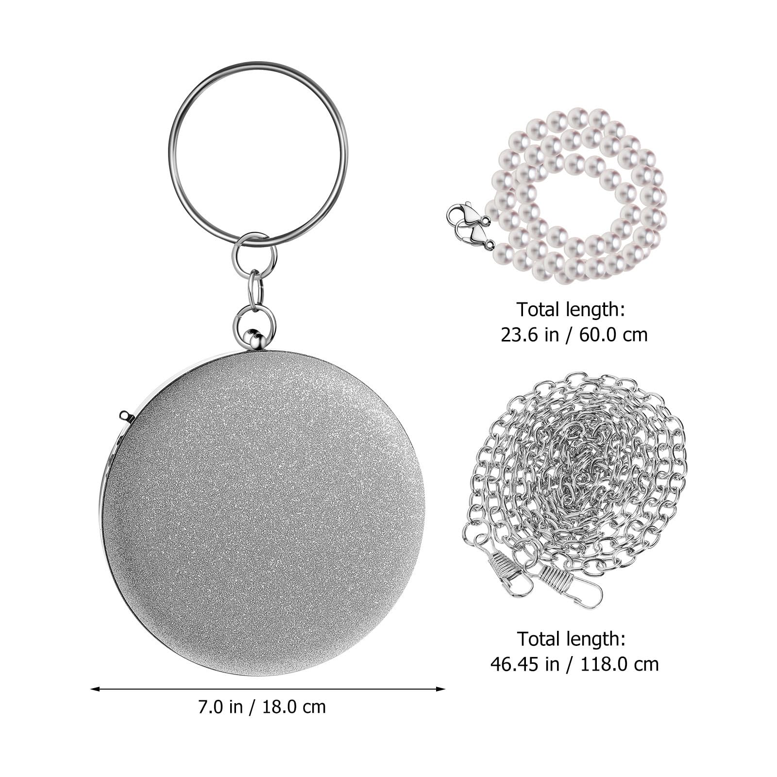 Abendclutch und Rundem Ring aus Pu Leder mit Abnehmbarer Perlenkette Runde in Silber mit Metallkette Damen für Tanz und Party