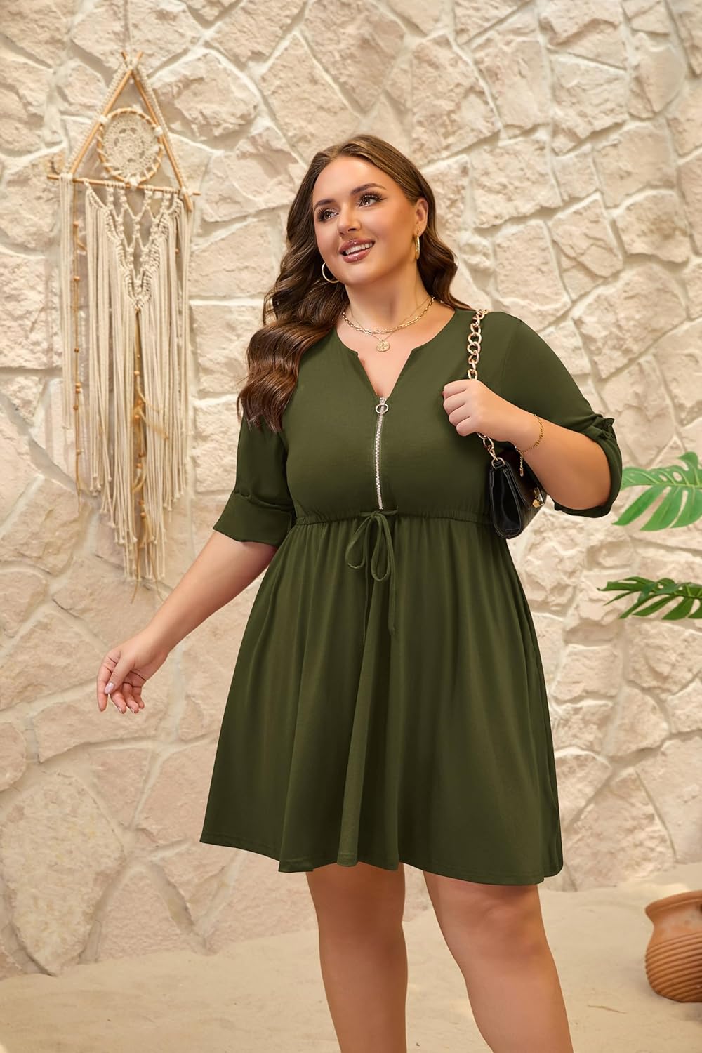 Womens Plus Size Dress Casual Roll up 3/4 Sleeves Zipper V Neck Tie Waist Flowy Loose Dresses with 2 Pockets - Image 5