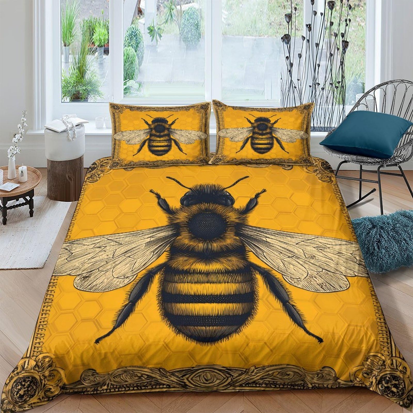 Ctjqhvkz Style-3 3D Printed Vintage Bee Fitted Sheet Microfiber Soft Gold Insect Mattress Cover For Bedroom Dorm Rental Easy Care Single（135X200cm）