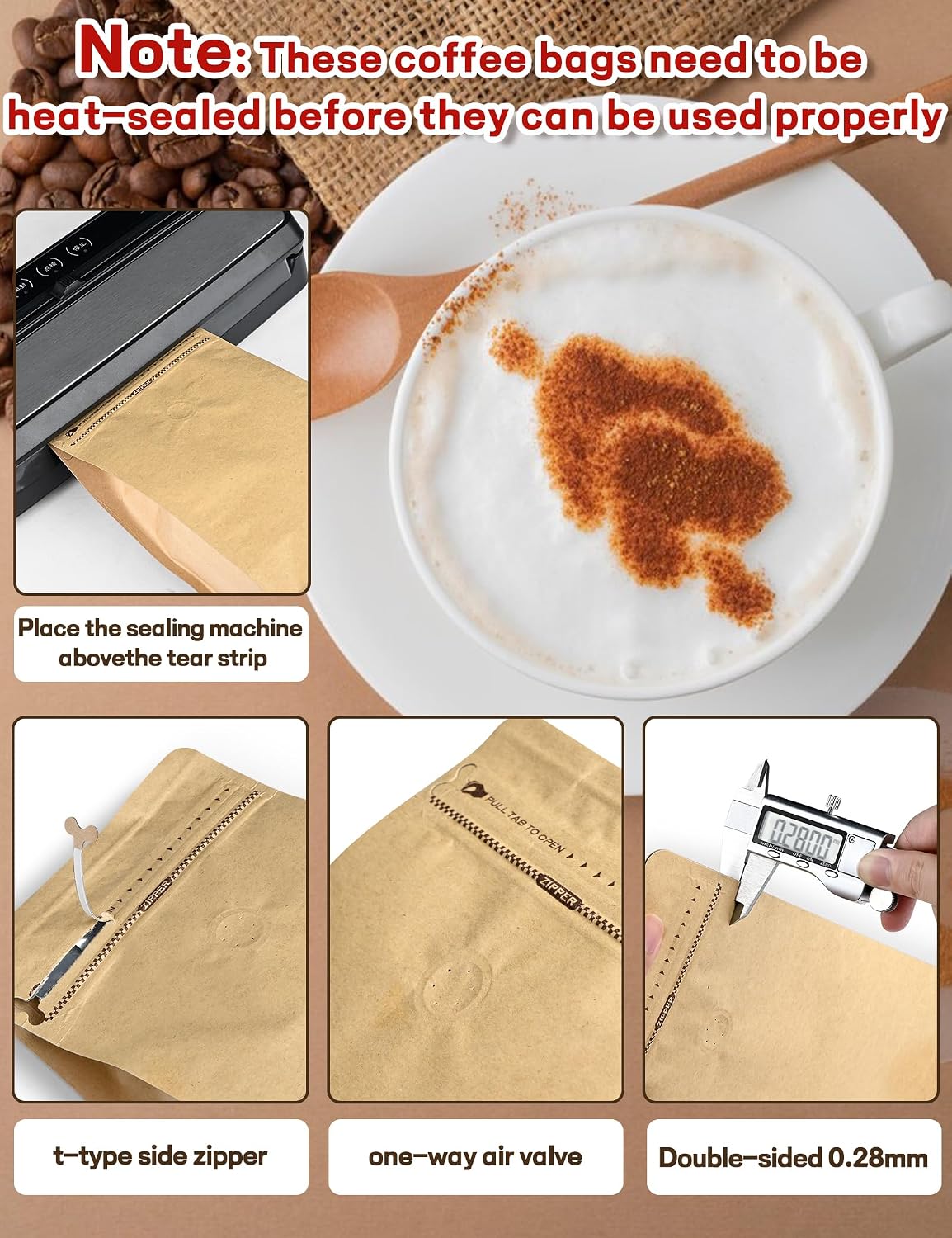 FireKylin 50 PCS Coffee Bags with Valve, (16 oz, 1 lb) Paper Stand Up Pouches, Resealable Vented Food Storage Bags Side Zipper (Kraft)
