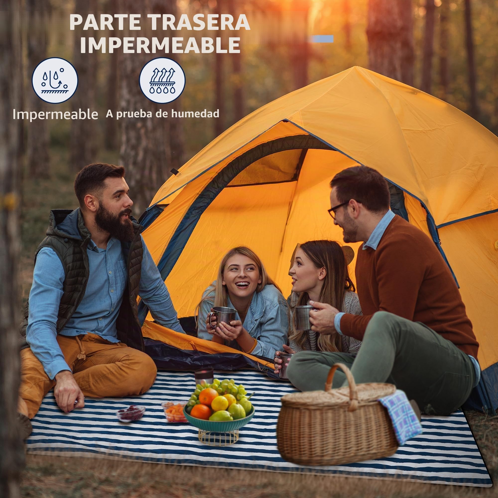 Manta de Picnic Impermeable 200 x 200cm, Manta Playa Sin Arena, Portátil Lavable Esterilla Playa Grande, Manta de Camping para Exteriores, Camping, Playa, Parque, Festival y Picnic