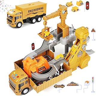 MOONTOY 4-in-1 Construction Site Vehicles Race Track Playset with Music Truck, Crane & Conveyor Belt - STEM Construction Toy with Crane Truck, Bulldozer & Dump Truck - Gift for Children from 3 Years