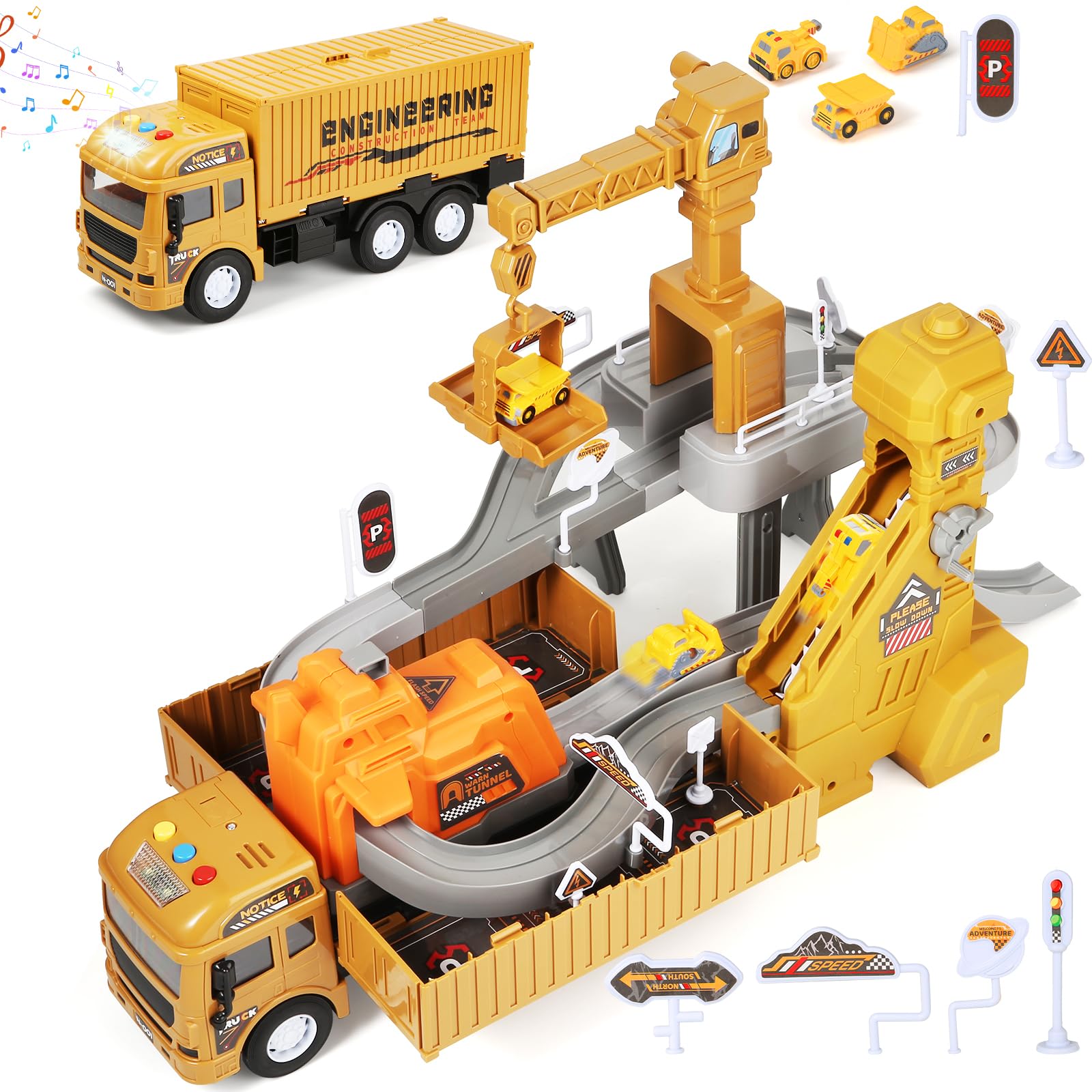 MOONTOY 4 in 1 Kids Construction Truck Toys, Construction Toys with Buildable Tower Crane, Conveyor Belt, Crane, Bulldozer, Kids Race Track Toy Set for 3 4 5 6 7 Years Old Boys Gifts