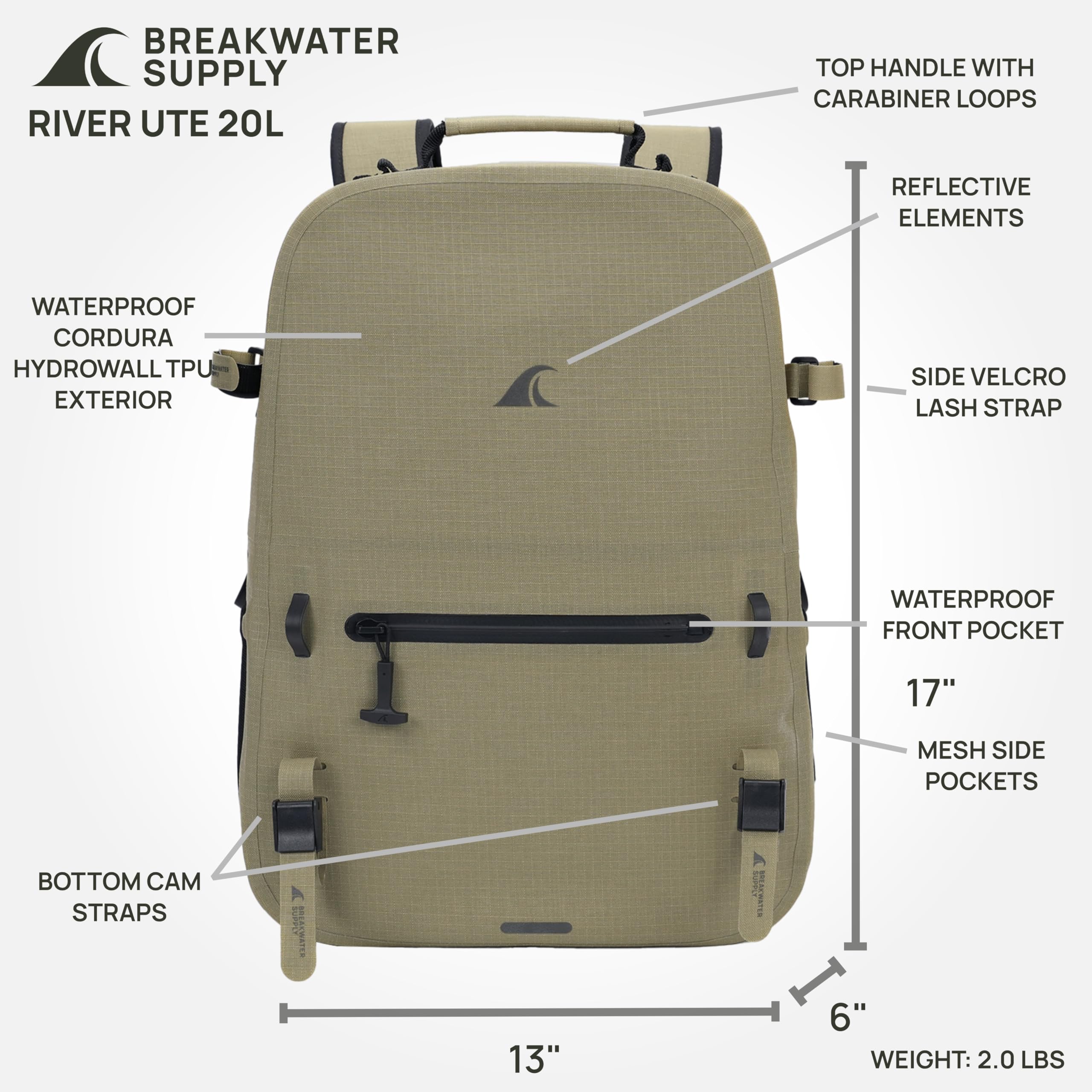Breakwater Supply River Ute Mochila impermeable, bolsa seca sumergible flotante IP68, cinturón acolchado para la cadera y cremalleras herméticas | 20L