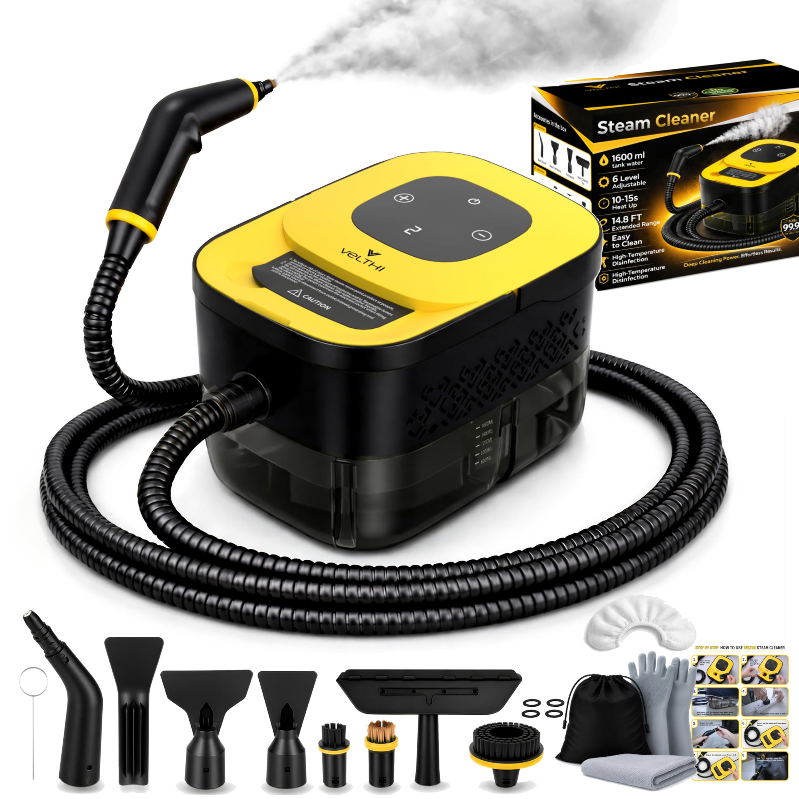 VELTHI Steam Cleaner for Home & Car, Upgraded 1600ML Handheld Steam Cleaner, 2500W High Temperature Pressurised Portable Steam Cleaner, 6-Level Control for Kitchen, Bathroom, Grout & Upholstery