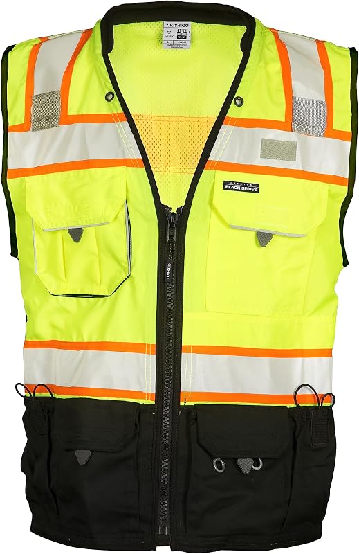 Premium Black Series Men's Surveyors Vest S5002, Class 2 Hi-Vis Safety Vest, 10 Pockets with Reinforced Front Zipper Closure & Durable Webbing, ANSI/ISEA 107 Compliant (Lime/Black, LG)