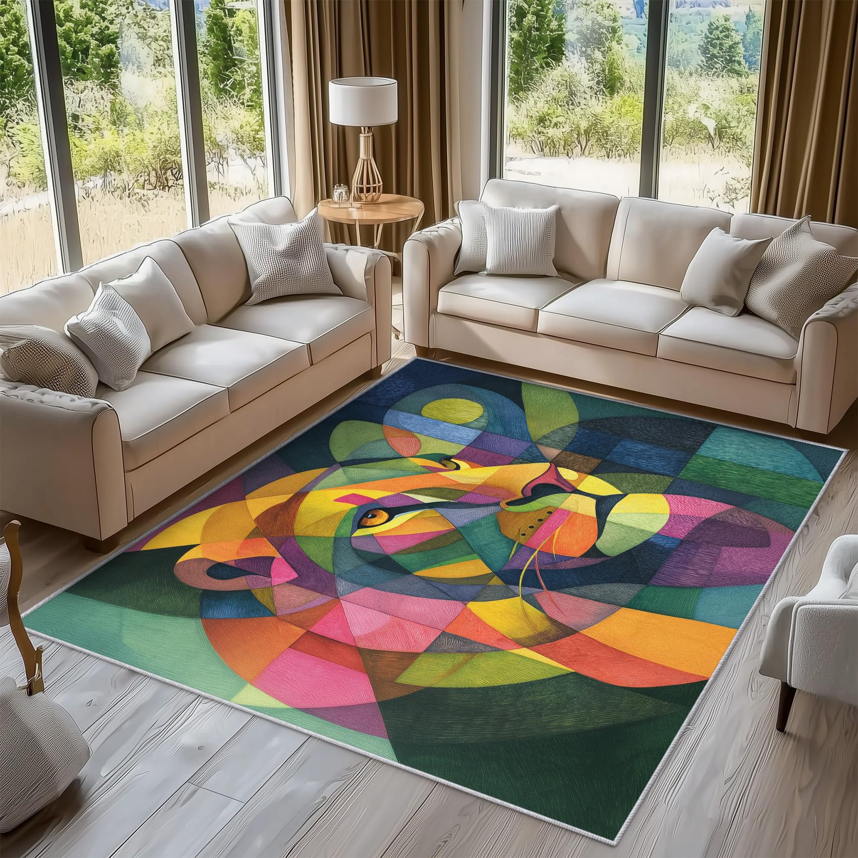 Tapis de cuisine et salon antidérapant avec motif de lion abstrait coloré