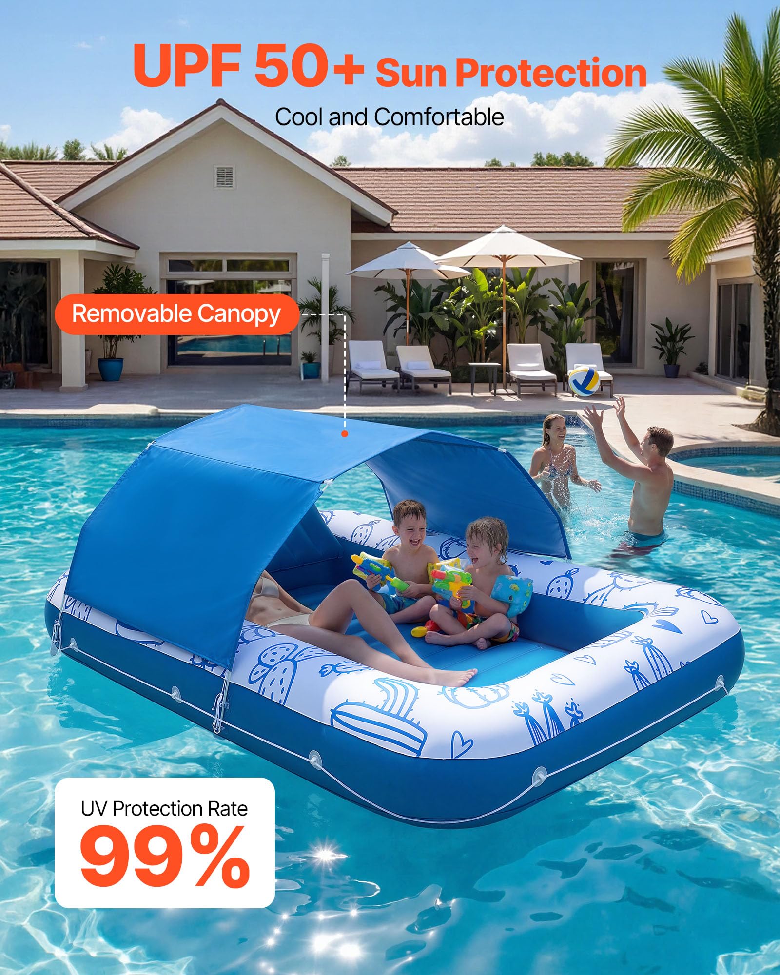 VEVOR Flotador Inflable para Piscina con Toldo 209x140cm, Colchón Hinchable para Tomar Sol para Adultos, Capacidad de 250kg, con Almohada, Soporte para Teléfono y Portavasos para Disfrutar del Agua