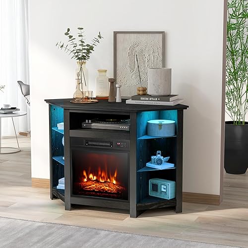Miniatura 2 de COSTWAY Soporte esquinero para TV de hasta 50 pulgadas moderno centro de entretenimiento de chimenea eléctrica con control remoto 3 brillo
