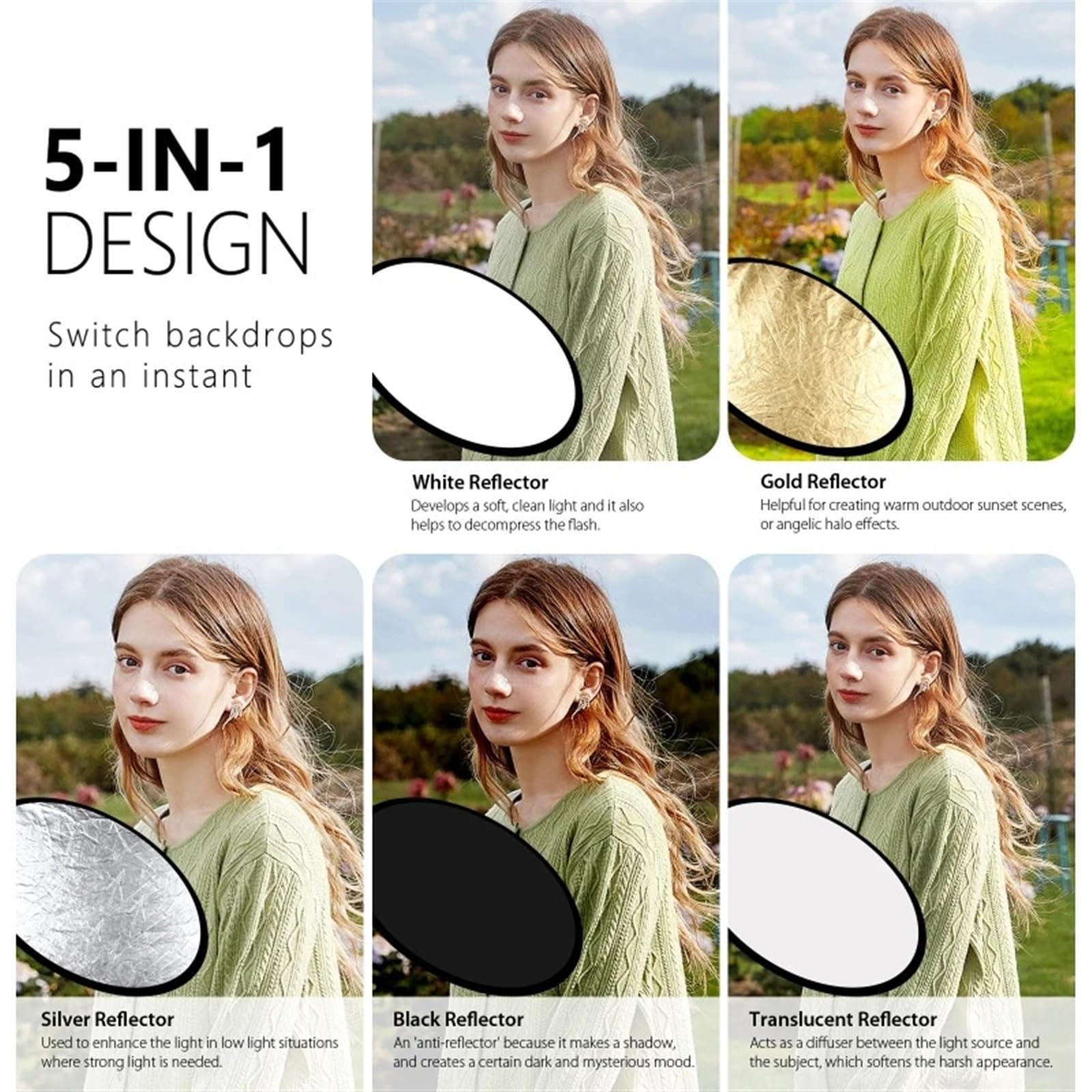 Reflector de luz, Reflector de luz Plegable 5 en 1, Tablero Reflector de fotografía de 60-110cm(80cm)