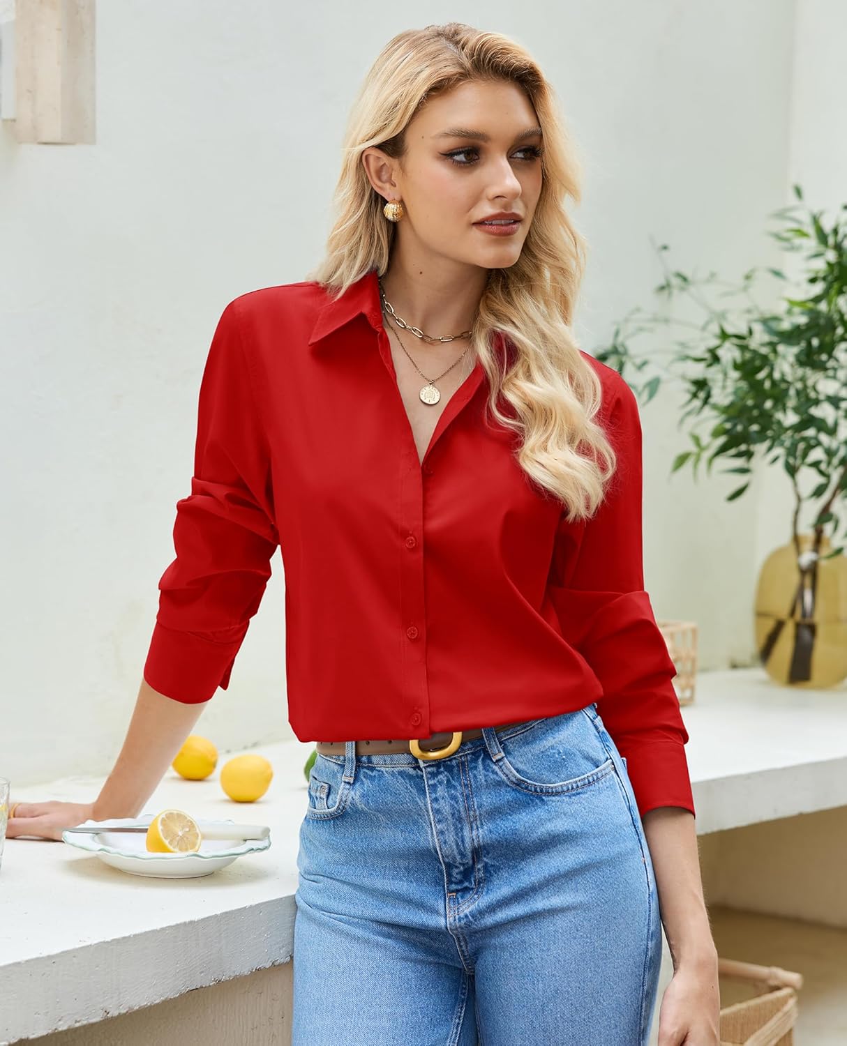 siliteelon Womens Button Down Shirt: Collared Dress Shirt Long Sleeve Cotton Button Up Shirt Work Office Blouse Top - Image 2