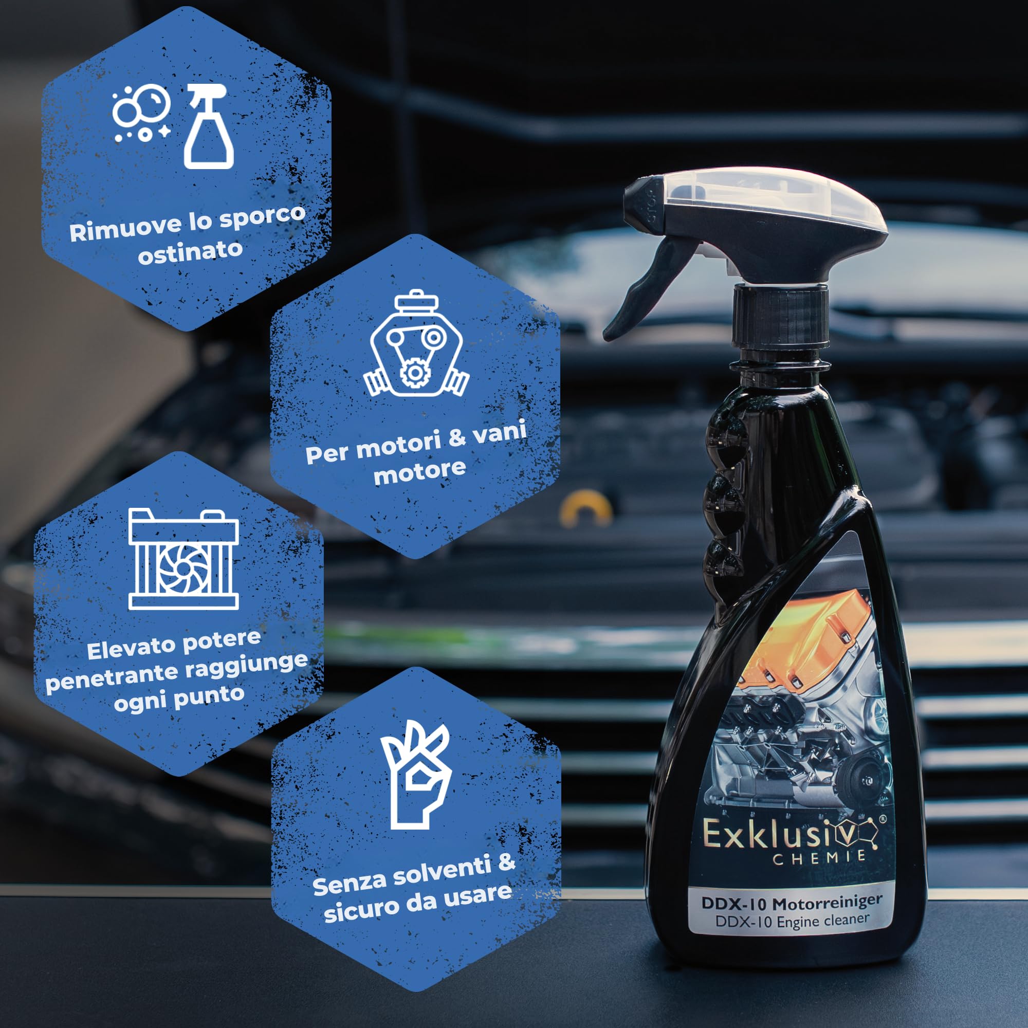 Exklusiv Chemie® detergente per motori | Dissolve sporco, olio, resina | Elimina il catrame | Pulitore a freddo motore | Pulitore motore | Detergente per parti | Sgrassante | 500 ml