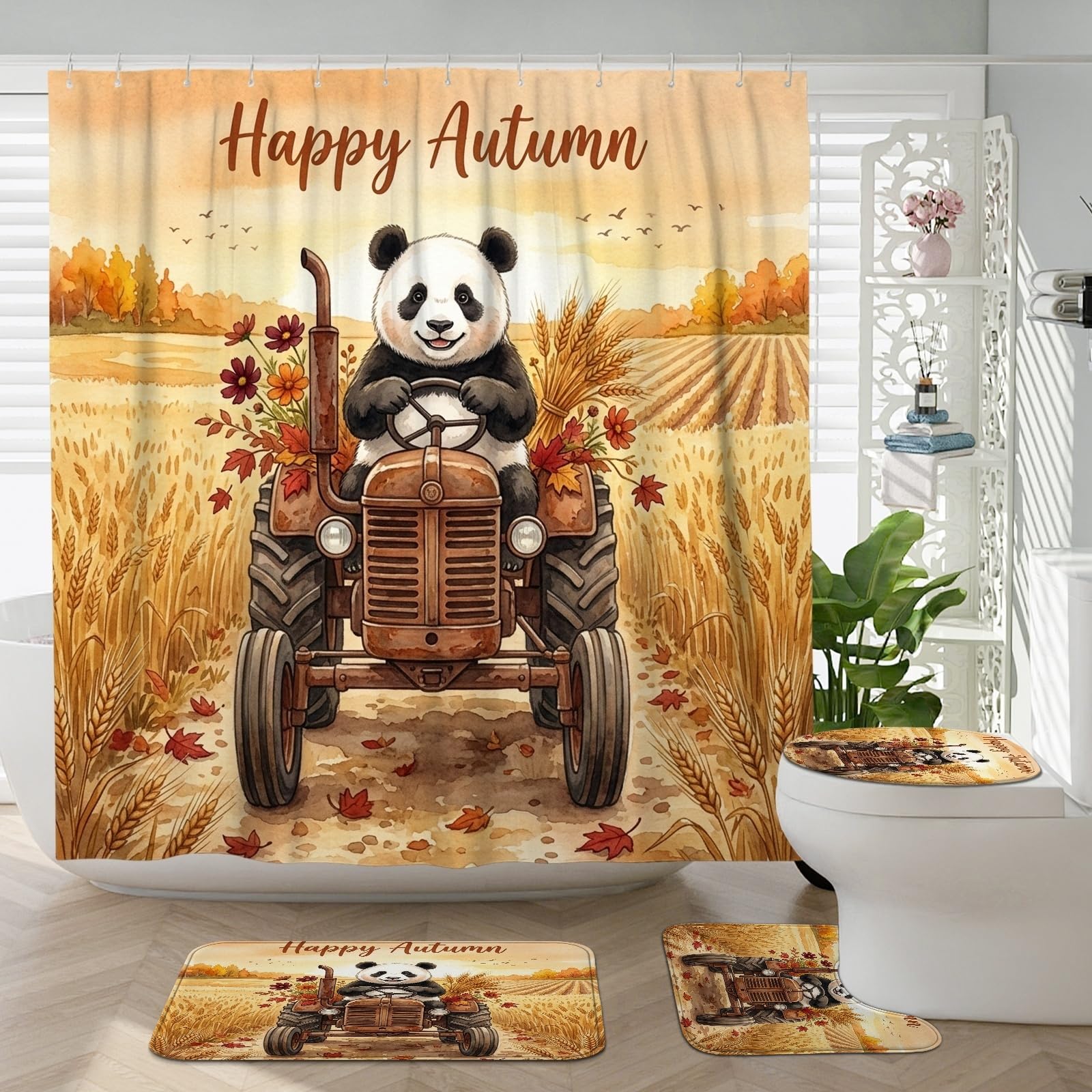 Tapis de douche pandas et rideau imperméable 183 cm pour décoration de bain originale