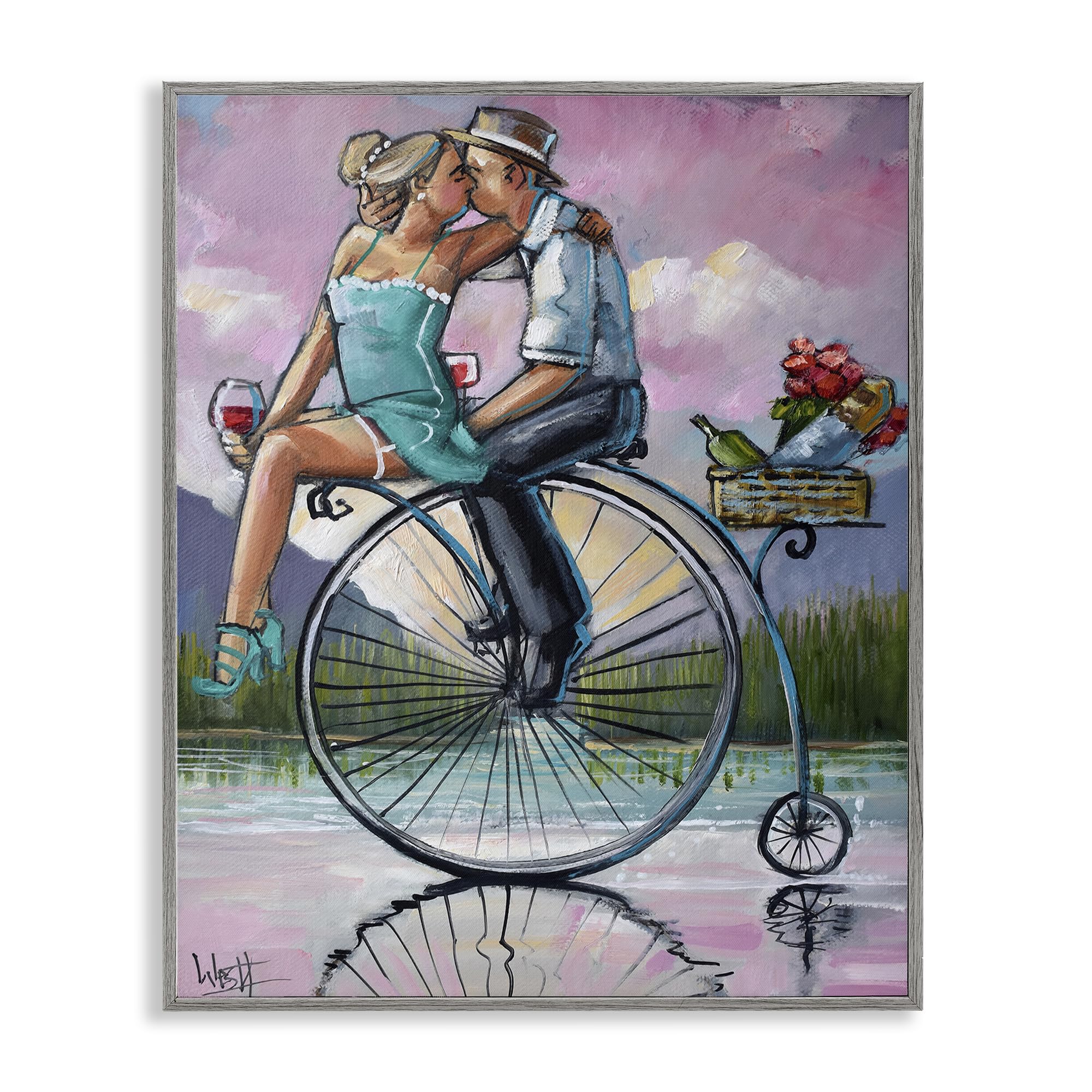 Stupell Industries Farmhouse Gray (Textured) 'Romantic Picnic On Bicycle'| Framed Giclee Art