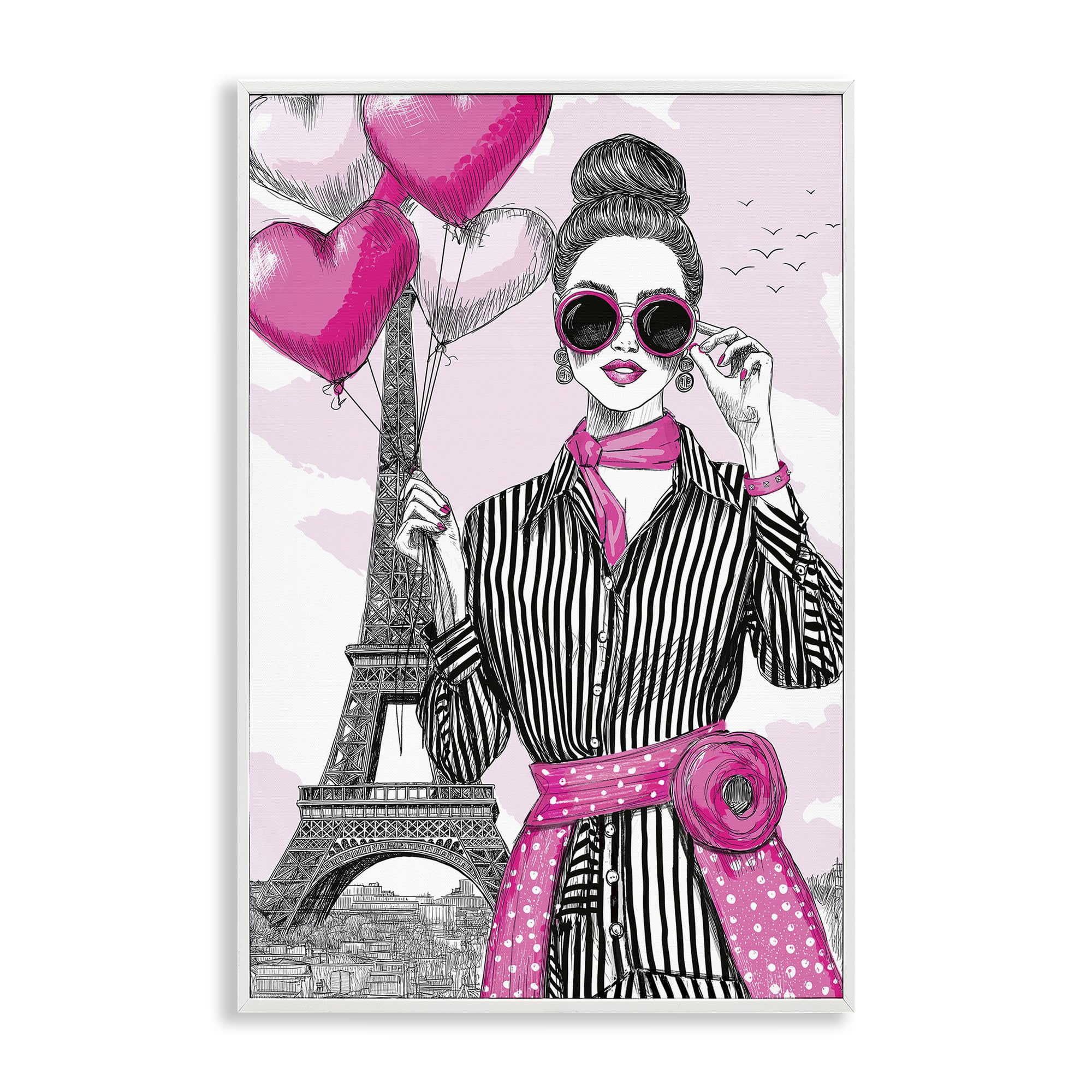 Stupell Industries Coastal White (Textured) 'Parisian Chic Woman With Balloons', Framed Giclee Art, White, 20 X 30 Inches, Easy To Hang And Sturdy, Made In Usa, By Jess Stempel