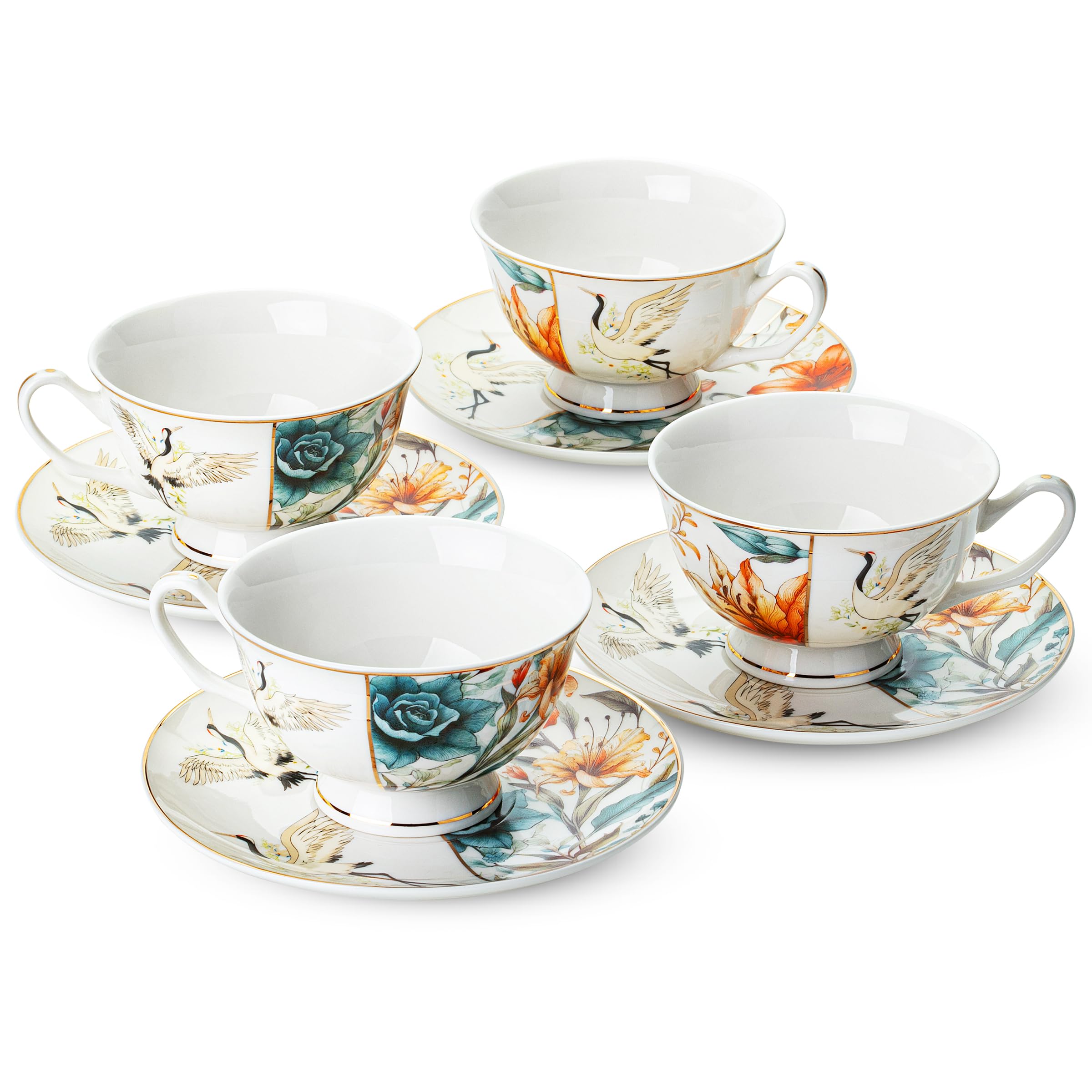 BTaT- Juego de 4 tazas de té y platillos florales con caja de regalo, 8 onzas, juego de 4 tazas y platillos, juego de 4 tazas de té para adultos, tazas de té y platillos de porcelana