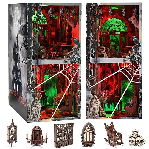 fifijoy Haunted Horror Book Nook Kit, DIY Miniature Dollhouse Halloween Booknook Kit, Spooky Creepy Scary 3D Wooden Puzzle Bookend Bookshelf Insert Decor with LED Light (Haunted Mansion) - Haunted Mansion