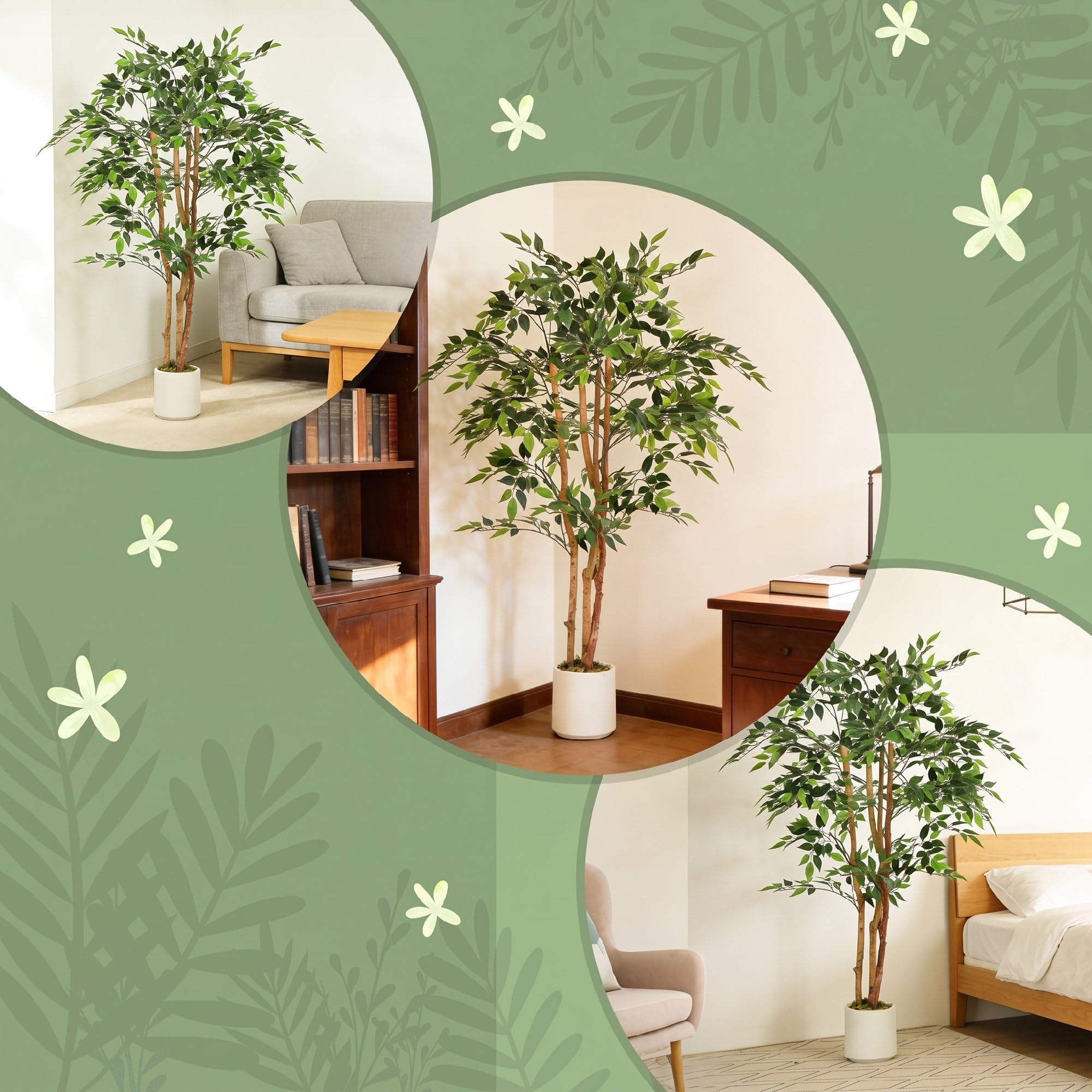 HOMCOM Pianta Artificiale di Baniano con Rami Orientabili e Vaso Contenitore Bianco in PP e Cemento, Pianta Verde in PEVA e Legno, per Interno, Ufficio, Soggiorno, Camera da Letto, 65x65x150 cm