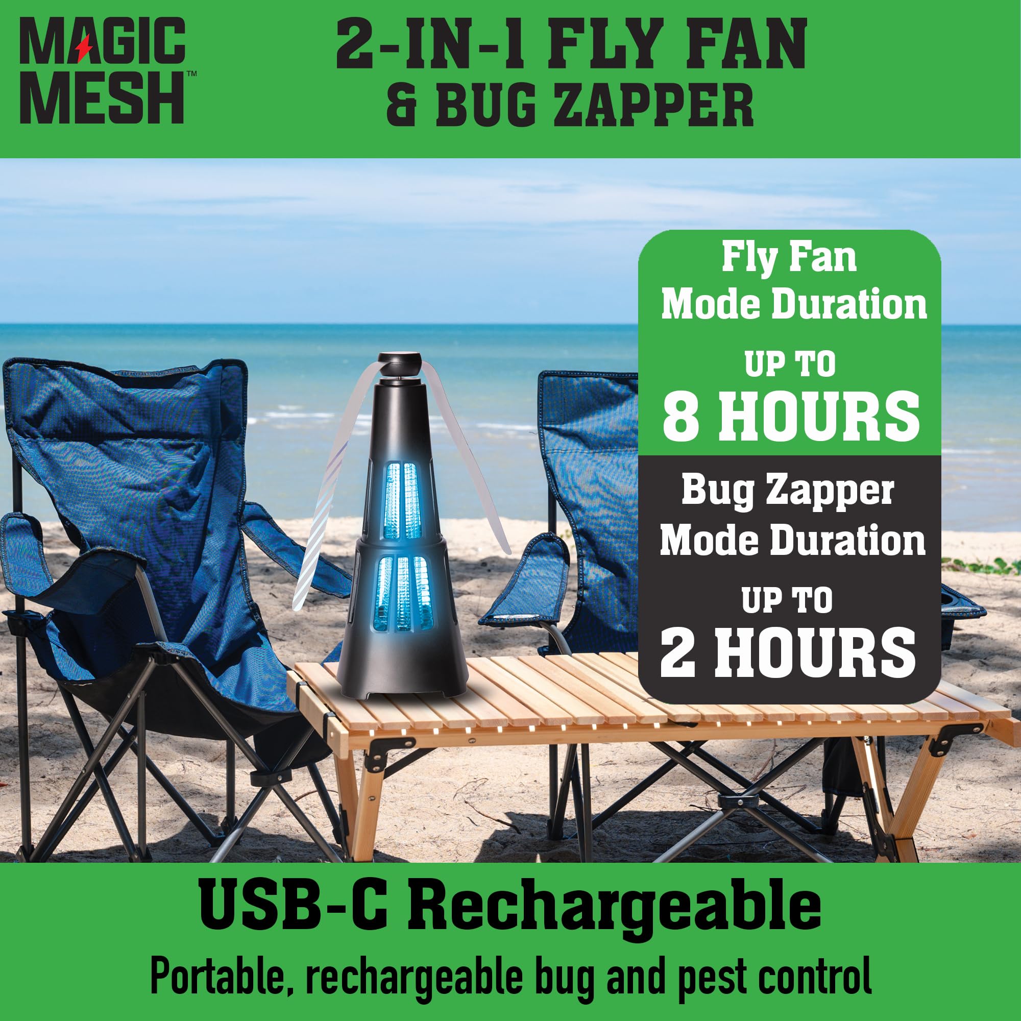 Magic Mesh Ventola per mosche e zanzare 2 in 1, ricaricabile, per esterni e interni, strumento per uccidere insetti, insetti e altro, per patio, campeggio, grigliate e cortili, fino a 2800 V