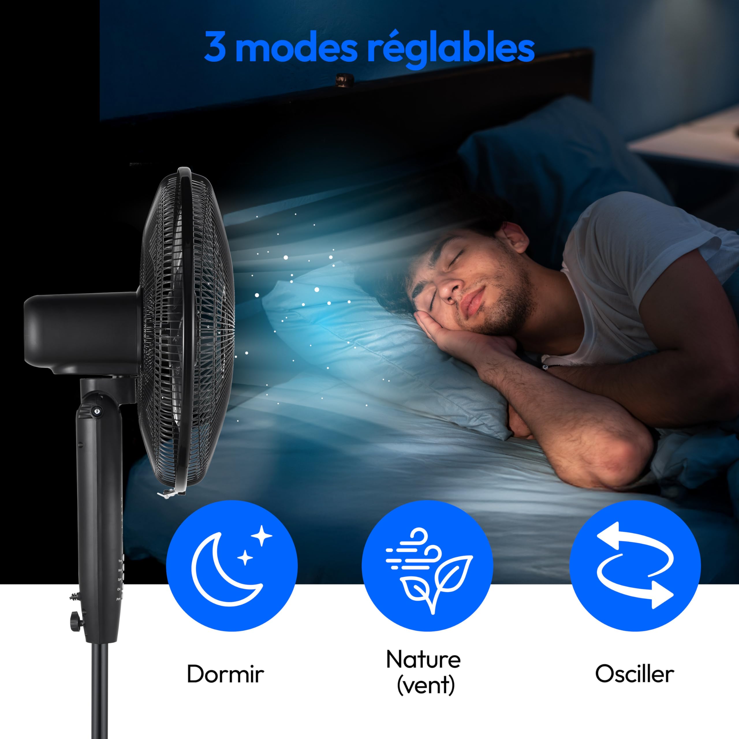 MEDION P21 SF Ventilateur sur pied avec télécommande (silencieux, 3 modes nuit nature oscillation, 3 vitesses, hauteur réglable jusqu’à 130 cm, oscillation, minuterie, MD12069) noir