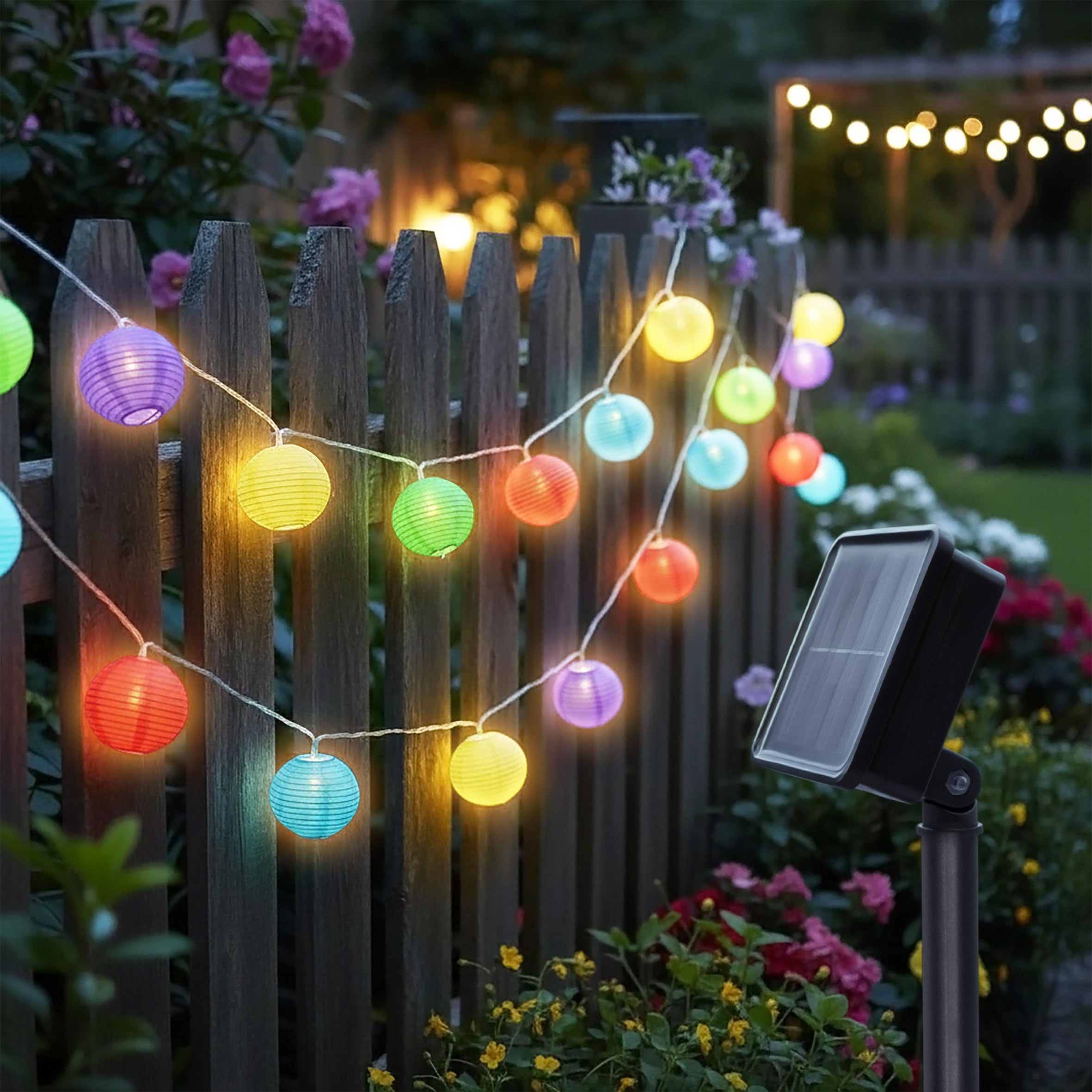 Spetebo Bunte Party Lichterkette - Solar Lichterkette mit 10 Garten Lampions bunt - Außen Partybeleuchtung 10 LED Pavillon Dekoration Beleuchtung
