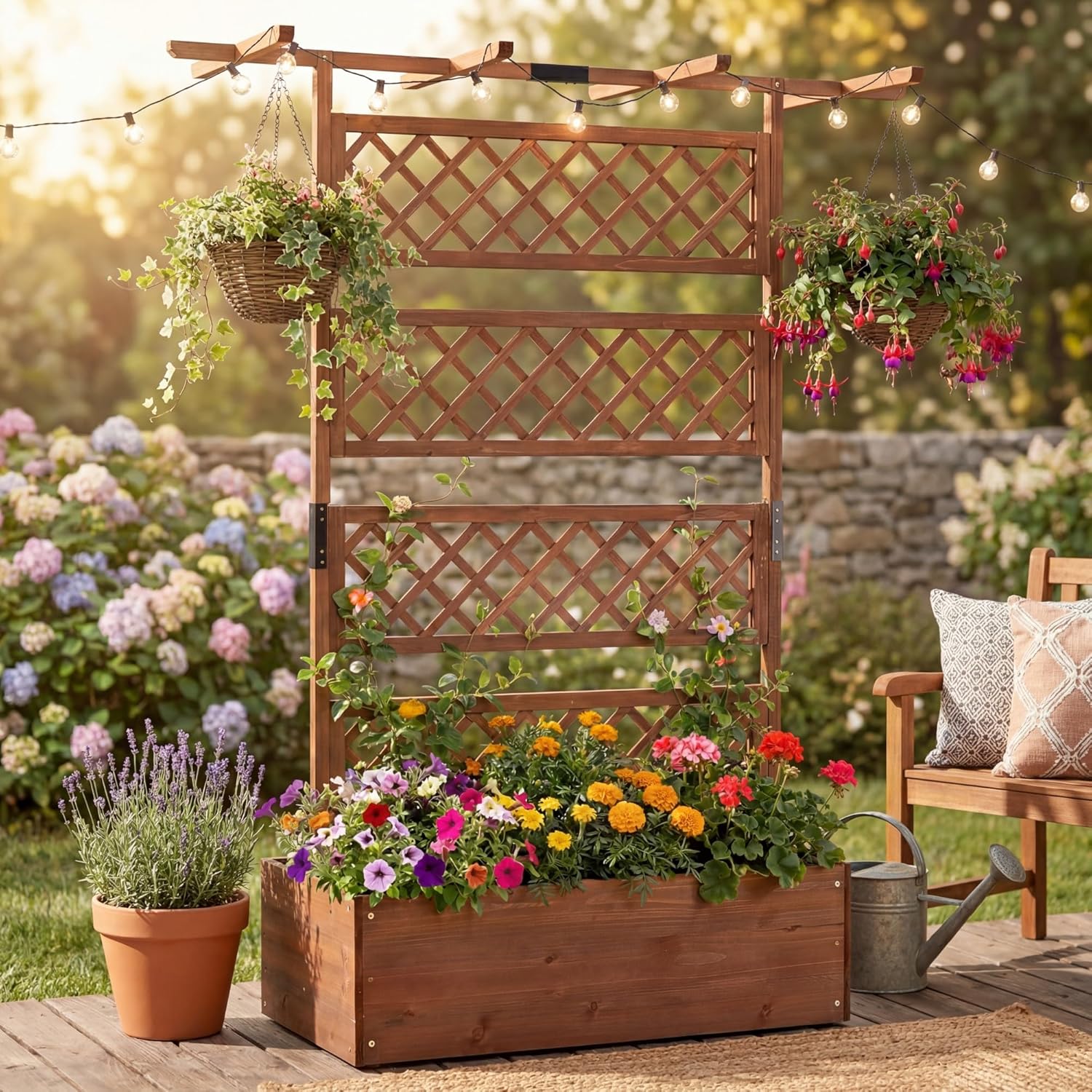 COSTWAY Wooden Raised Garden Planter with Trellis and Roof, 72" Freestanding Privacy Screen & Climbing Plant Support for Outdoor Patio, Balcony, Vegetable, Herb, and Flower Gardening (Brown,1)