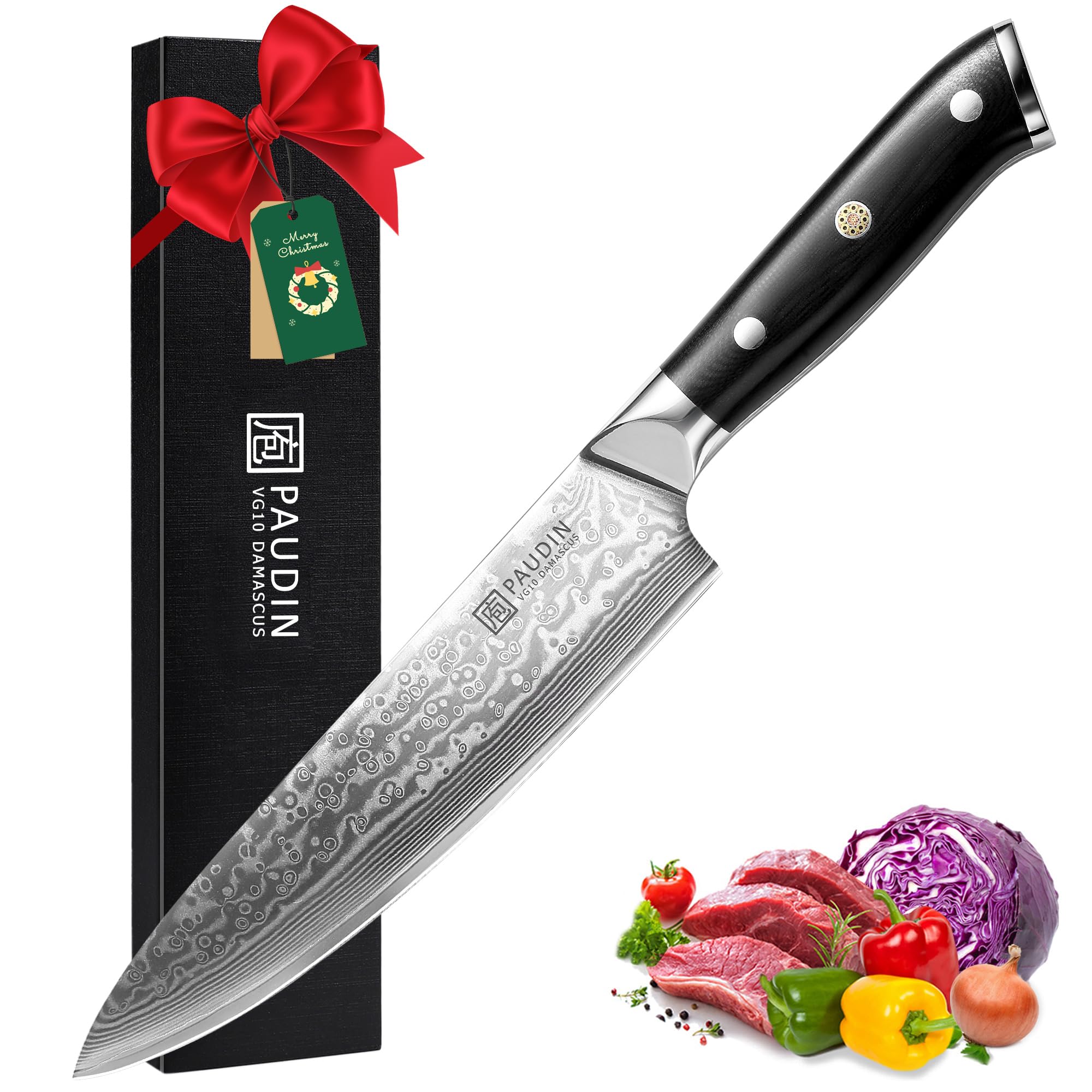 PAUDIN Damascus Chef Knife, 8 Inch Kitchen Knife, 67 Layers Damascus Steel Knife Japanese VG10 Core, Professional Chefs Knife with Ergonomic G10 Handle