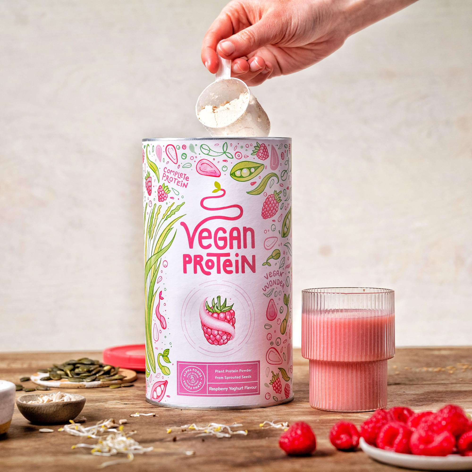 Vegan Protein Shake YOGHURT FRAMBOISE - Protéine végétale de riz germé, pois, graines de lin, amarante, tournesol, pépins de courge - poudre pour un boisson protéinée faible en calorie & glucide