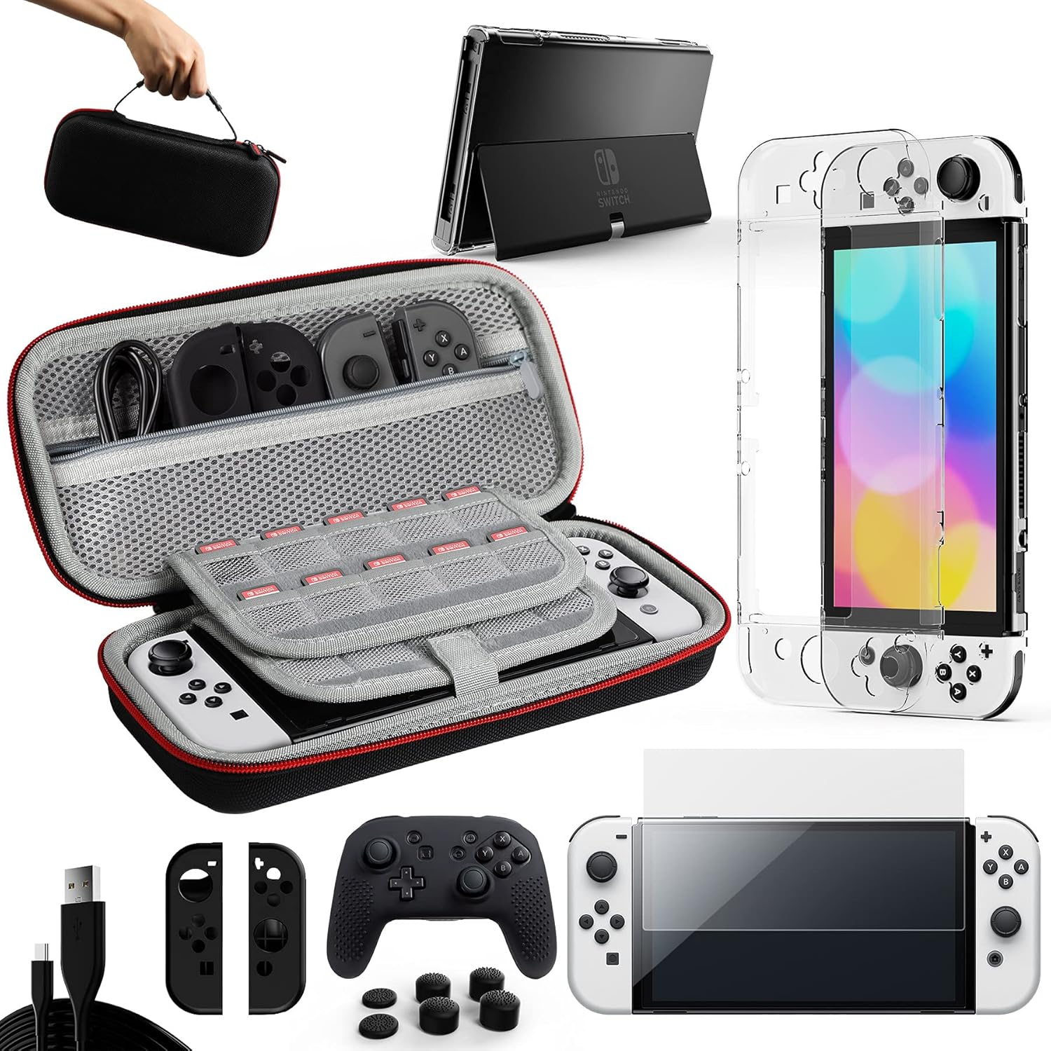 GTAplam Case Compatible with Nintendo Switch OLED Model 2021, 15 in 1,Accessories Kit with Carry Case, Clear Cover, Screen Protector, Silicone Skin for Joy-Con and Switch-Pro Controller,USB Cable&More : Video Games