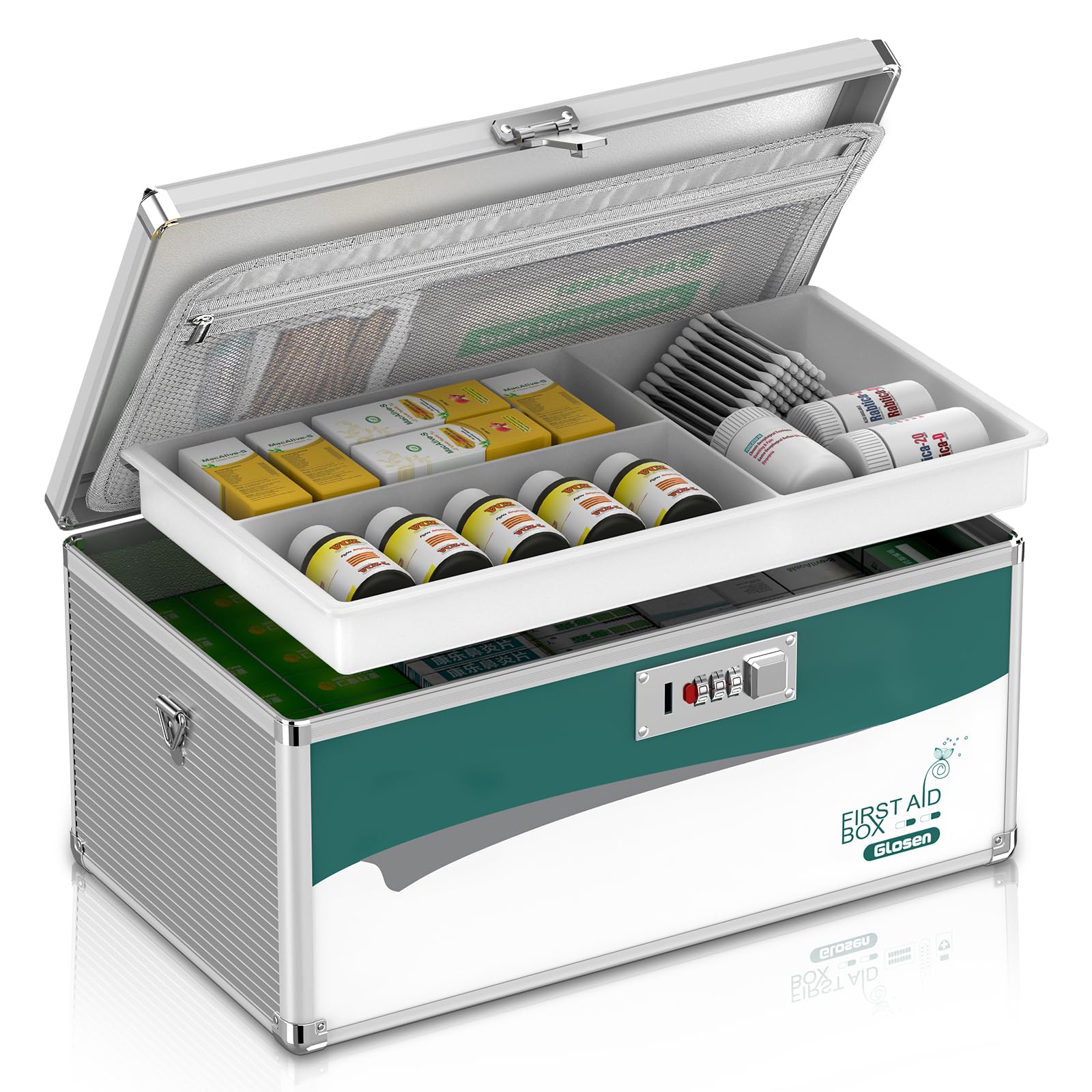 Glosen Boîte à Pharmacie avec code, Boîte de Rangement Médicale, Boite Medicaments à serrure à combinaison, Coffre de Rangement Medicament à serrure combinée Verrouillable