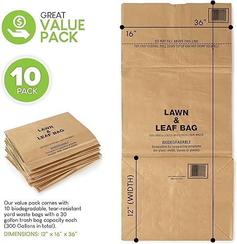 Miniatura 2 de Bolsas de papel kraft de 30 galones para césped y hojas (paquete de 10) bolsas de basura de papel grandes, ecológicas y resistentes, fabricadas en