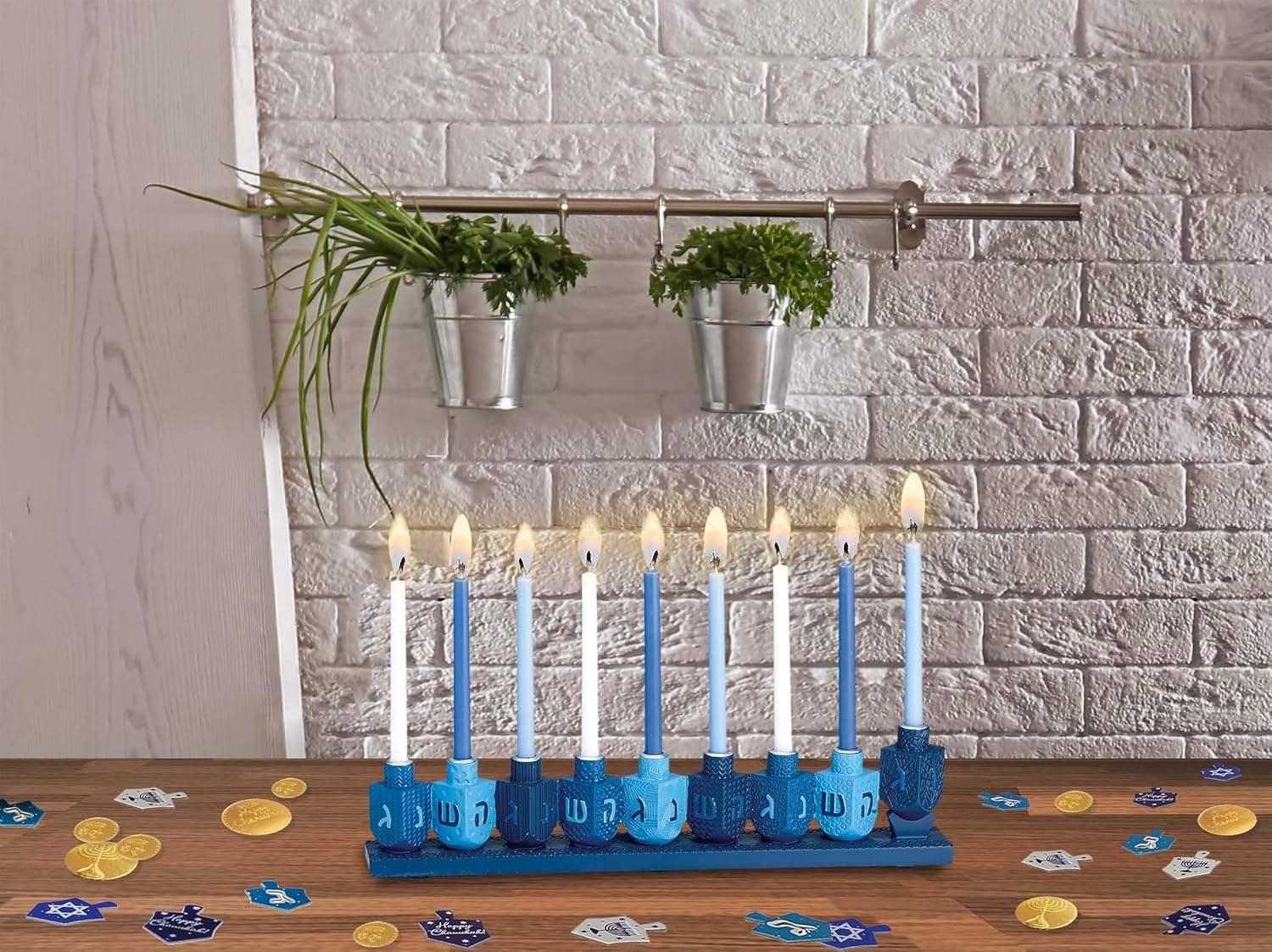 Rite Lite Blue Dreidels Menorah Modern Hanukkah Centerpiece Jewish Holiday Party Favor Decor | Resin Fits Most Chanukah Candles, Elegant Judaica Décor Festival of Lights Hostess Gifts 11.50" H