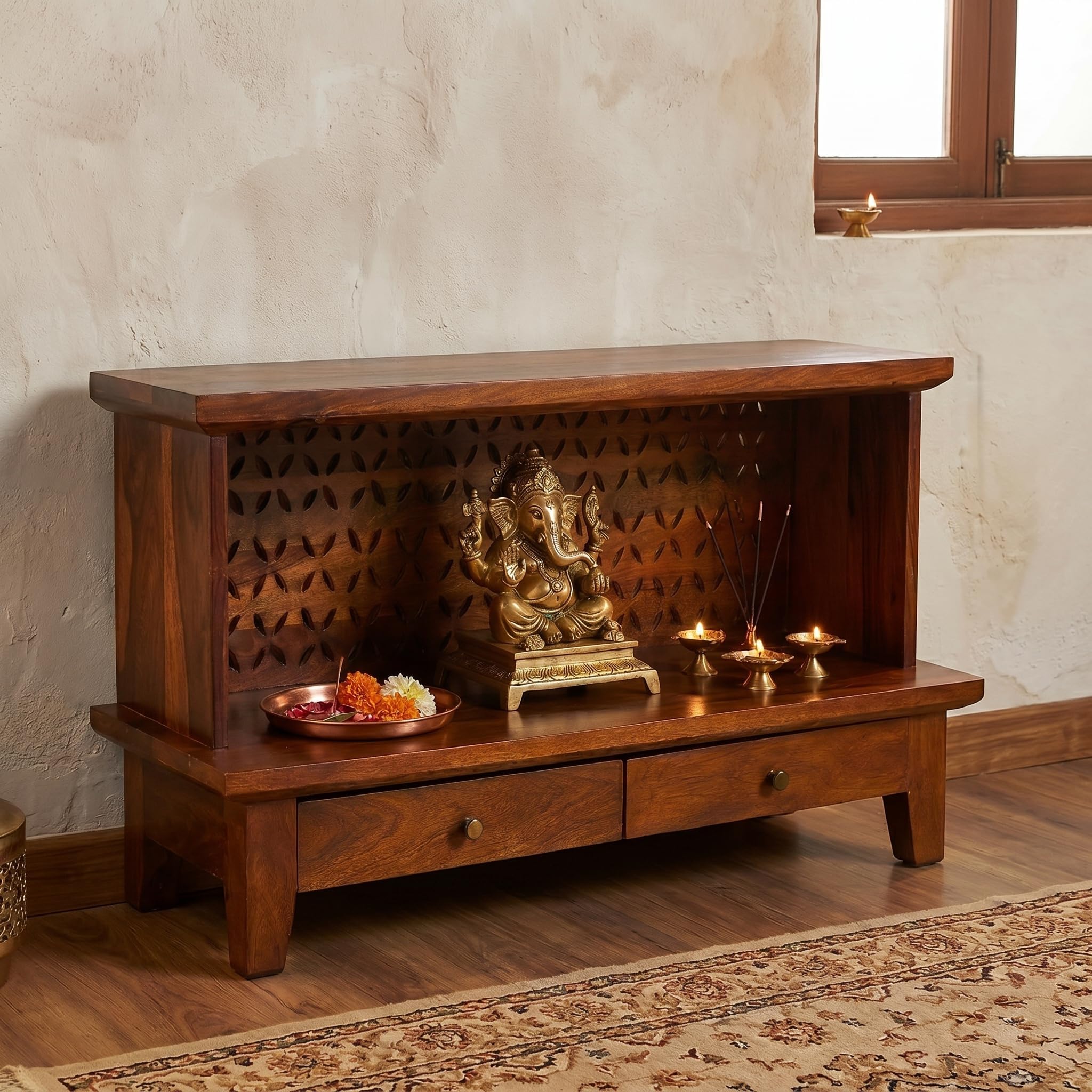 Sheesham Wood Temple for Home | Pooja Mandir for Puja Room with 2 Drawer Storage & Shelf | Pooja Mandap Wood Religious Home Temple Honey Finish