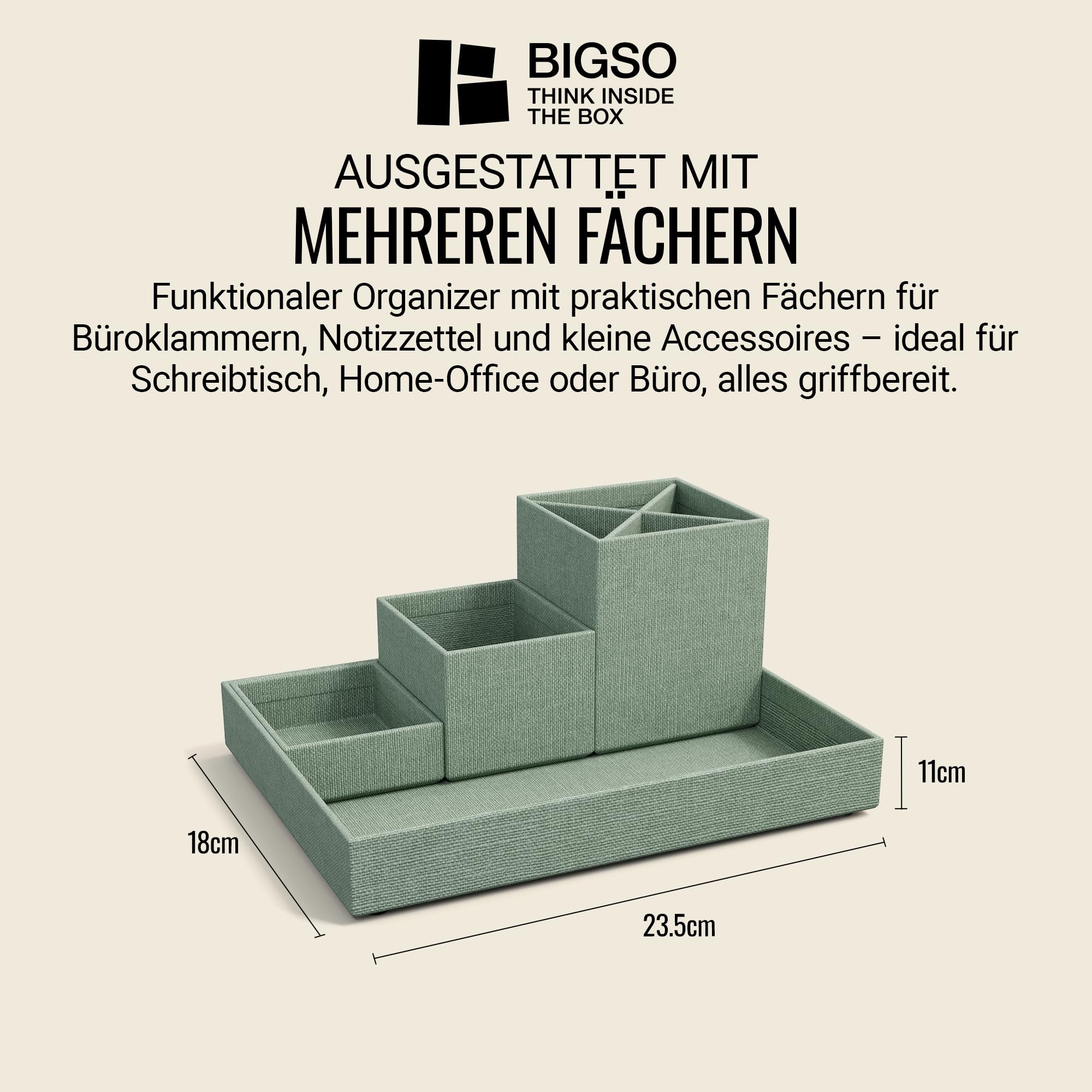 BIGSO BOX OF SWEDEN LENA Schreibtisch Organizer für Stifte, Büroklammern, Haftnotizen usw. – Sortierkasten mit 4 Fächern – Ordnungssystem aus Faserplatte und Papier in Leinenoptik – mintgrün
