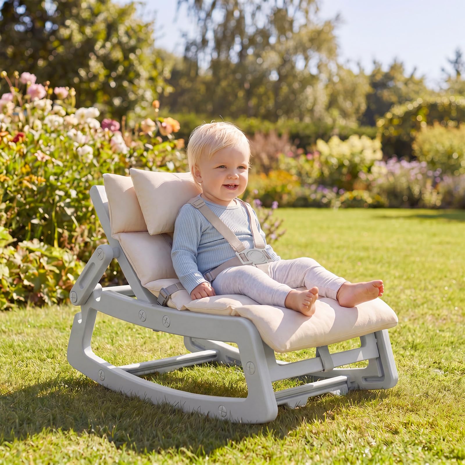 COSTWAY Silla Mecedora para Niños, Sillón Reclinable Infantil con Respaldo Ajustable, Cojín Extraíble y Lavable, Arnés de Seguridad, Mecedora para Niños de 6+ Meses, Guardería Sala de Juegos (Gris)